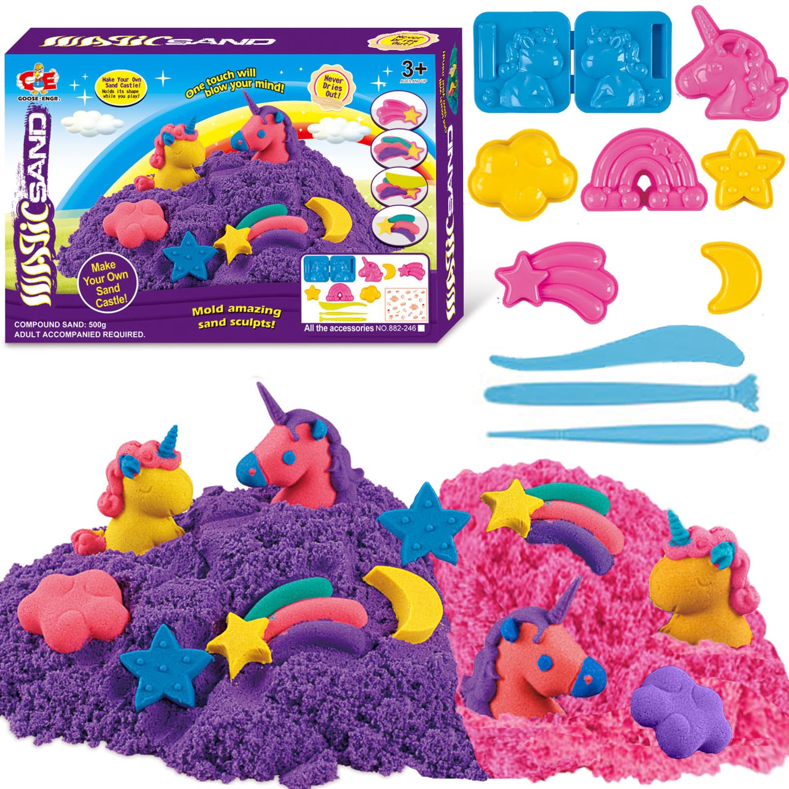 BETURETOP Unicorn Play Sand Kit for Girls, DIY Magic Sensory Sand Art Set for Kids with Color Sand, Unicorn Rainbow Molds and Tools, Beach Sand Sensory Toys Christmas Gifts for Girls Toddler Ages 3-8