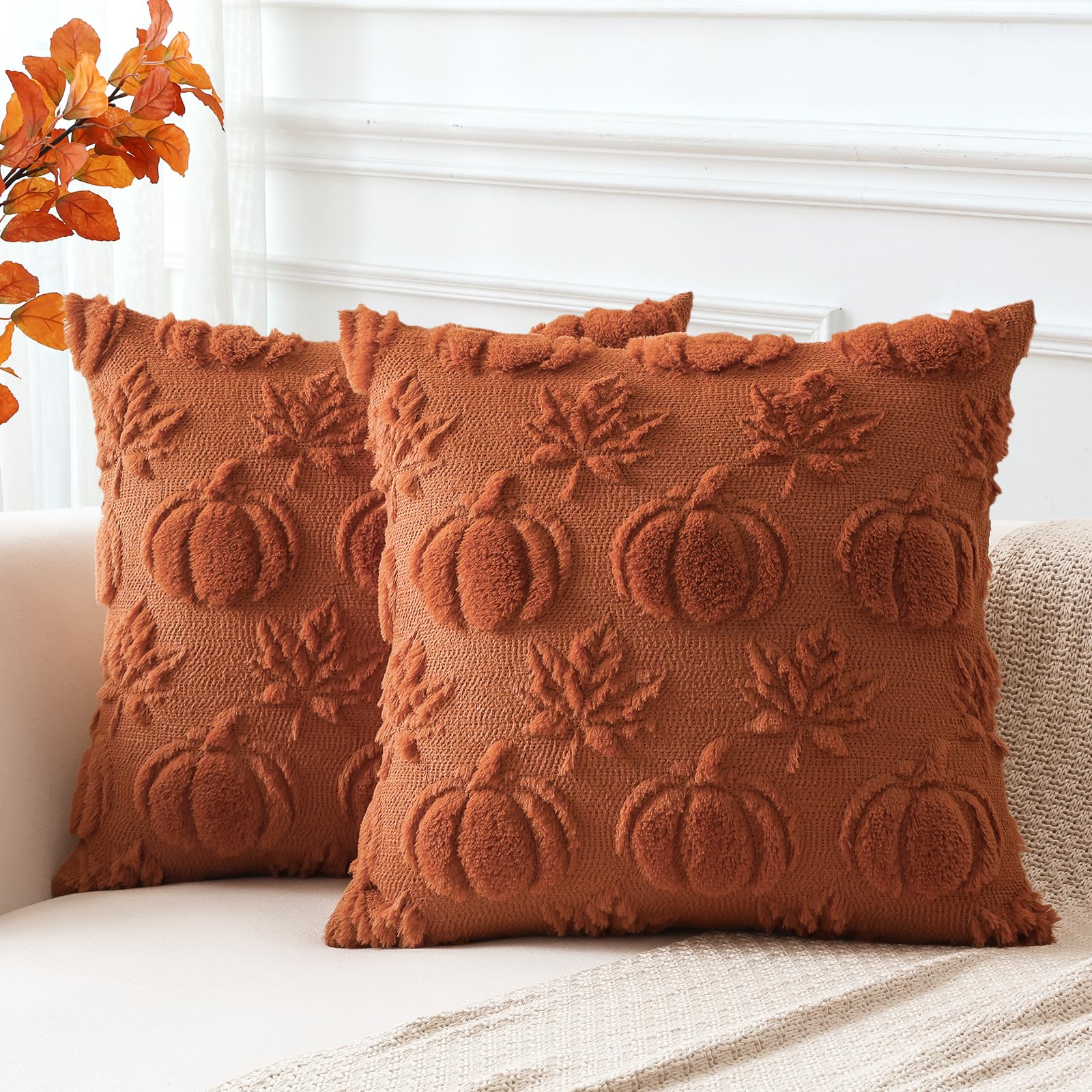 Artscope Fall Cushion Covers Set of 2 Autumn Pumpkin Maple Leaves Throw Pillow Covers for Sofa Couch Bed Living Room Soft Plush Short Wool Velvet Farmhouse Pillowcases for Party 45x45cm Rust