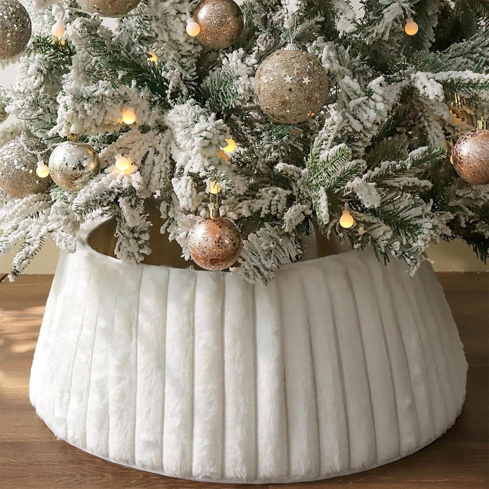 Christmas Tree Collar, White Luxury Plush Tree Collar With Stripe Textured Pattern, Bohemian Artificial Christmas Trees Skirt Basket, Christmastree Base Cover Decoration For Living Room, Entryway