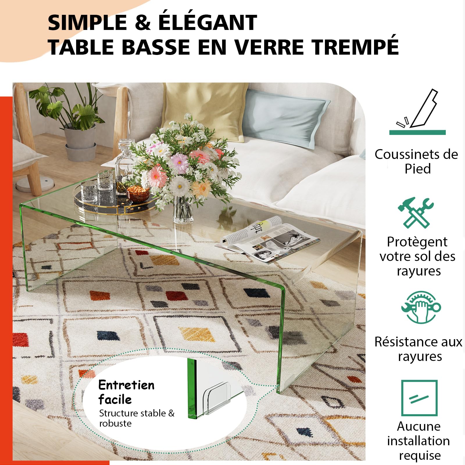 COSTWAY Table Basse/ d’Appoint en Verre Trempé Rectangulaire Forme de U avec Bords Arrondis Lisses, Table Basse Transparente Simple & Moderne pour Salon, Bureau, Hôtel