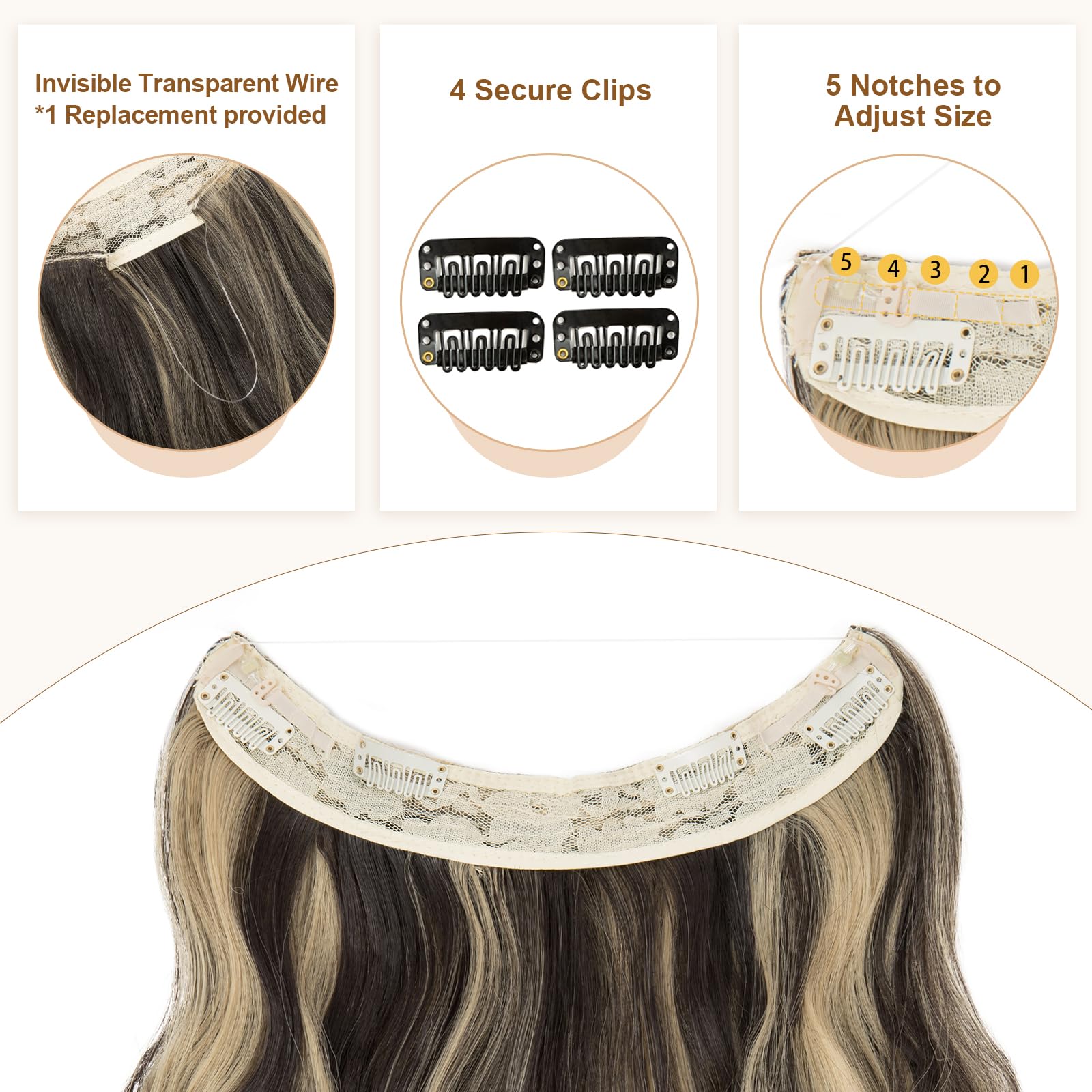 TESS Secret Wire Hair Extension Wavy Invisible One Piece Synthetic Hair Extensions Curly Full Thick Long Adjustable Hairpieces for Women (Dark Brown With Ash Blonde - Image 3