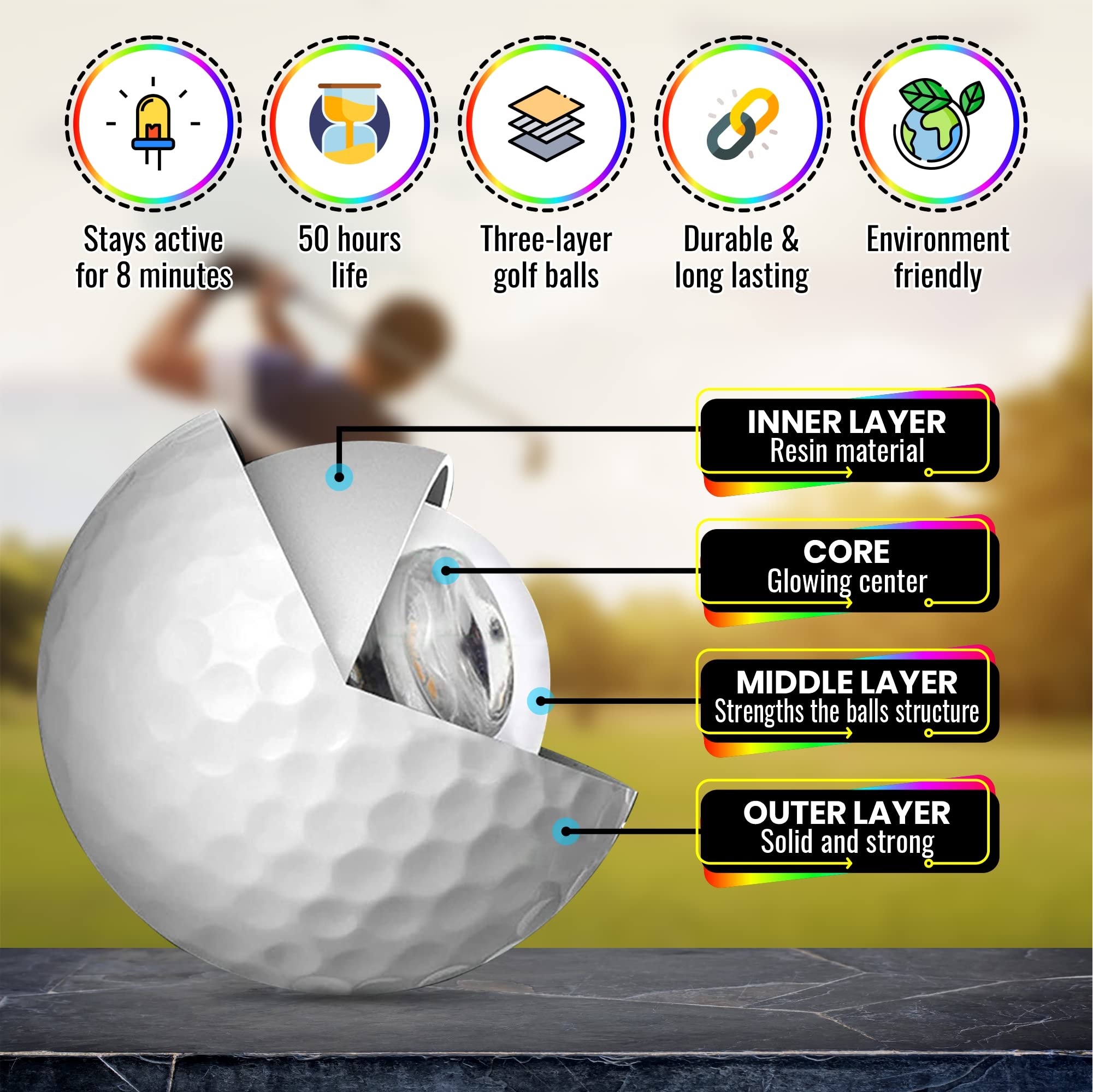Colored Golf Balls for Night | 6 Color Choices | Durable LED Glow in The Dark Golf Ball| Long-Lasting Color Changing Light Up Golf Balls