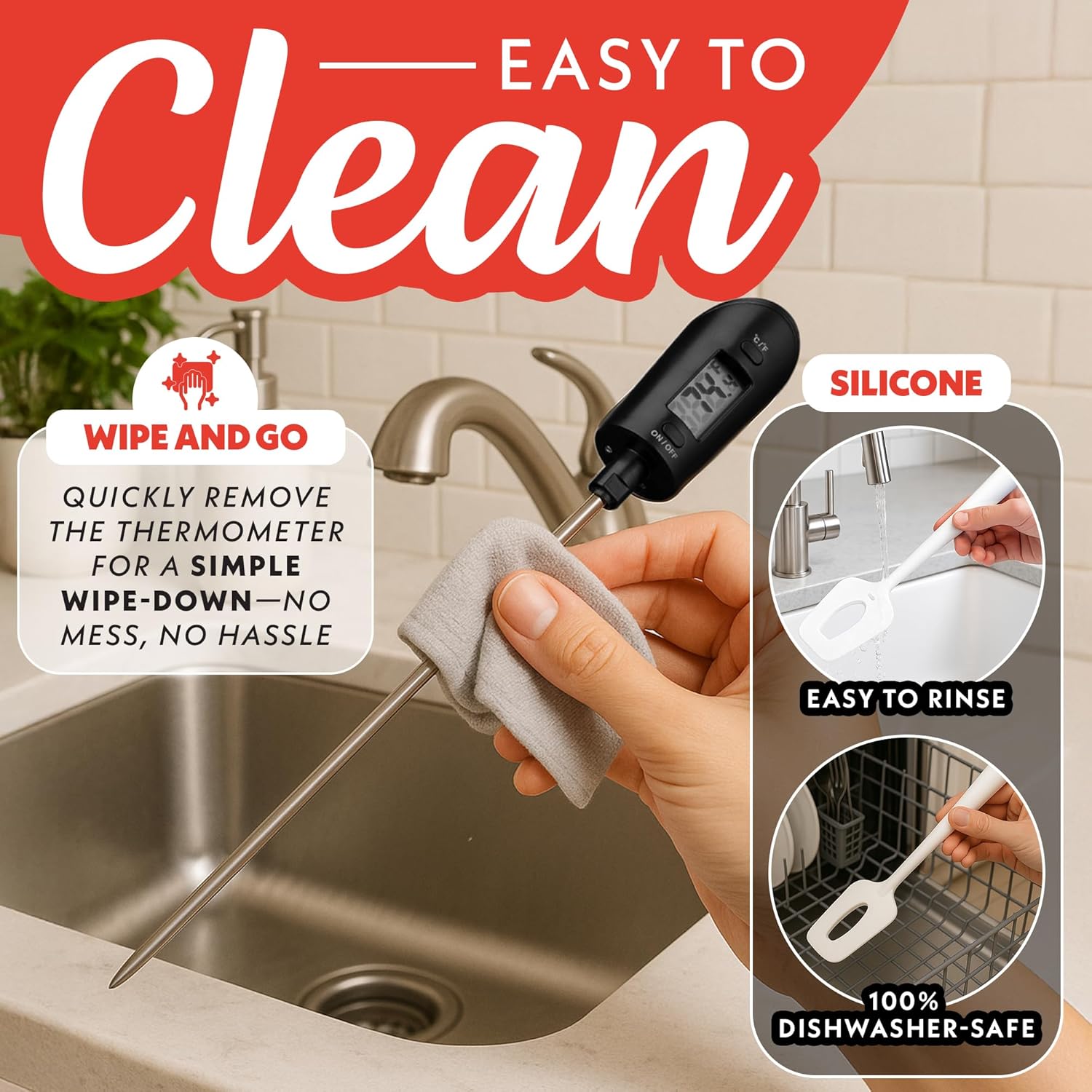 Gourmia GTH9185 Digital Spatula Thermometer being cleaned, showing the removable probe and dishwasher-safe spatula.