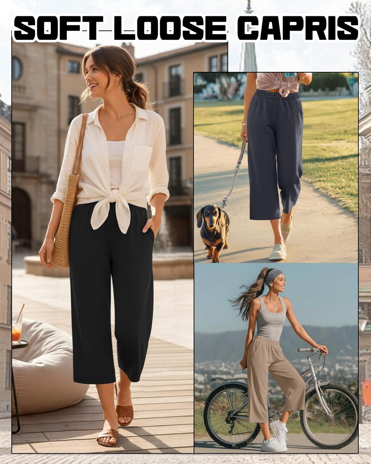 3 Pack Women's Wide Leg Capris Loose Cropped Yoga Pants Elastic Soft Sweatpants Capri Trousers with Pockets - Image 3