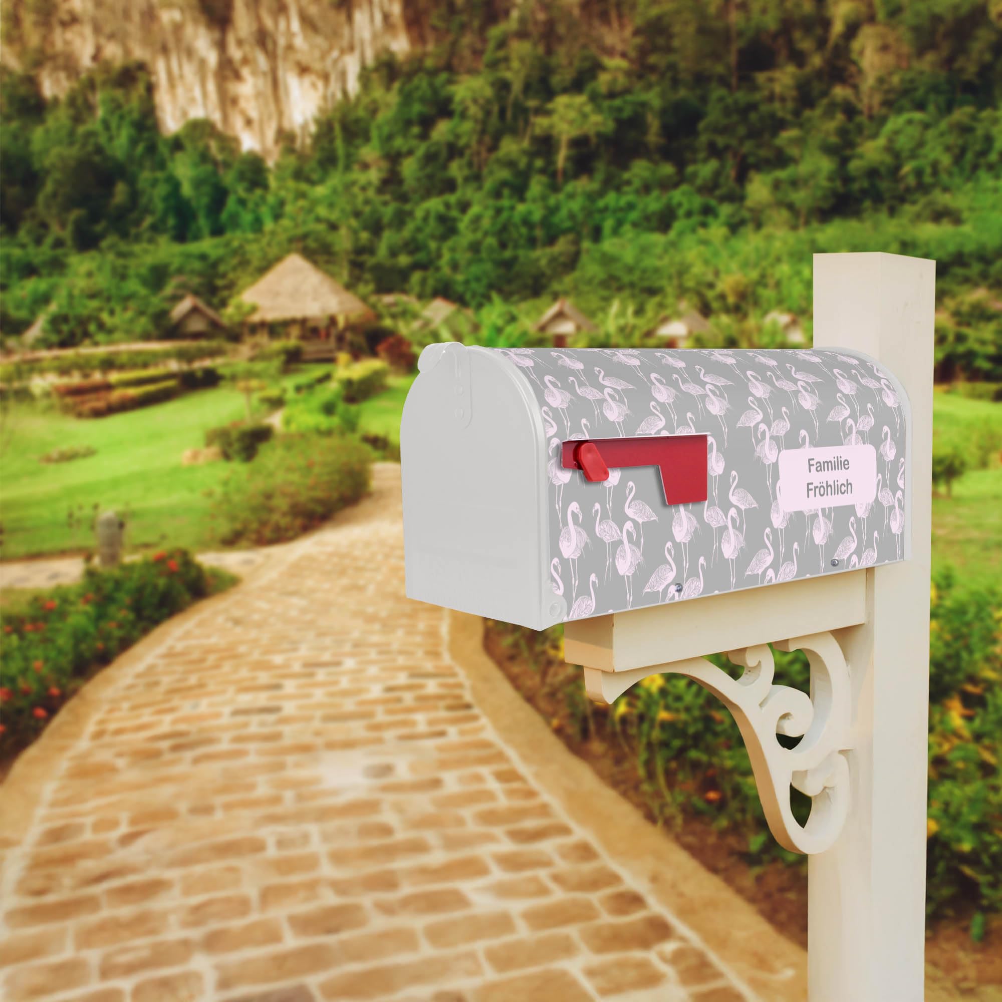 banjado® Amerikanischer Briefkasten - US Mailbox/Letterbox mit Motiv Flamingos Blass 51x22x17cm - Postkasten Stahl aus Amerika – Briefkasten amerikanisch weiß pulverbeschichtet