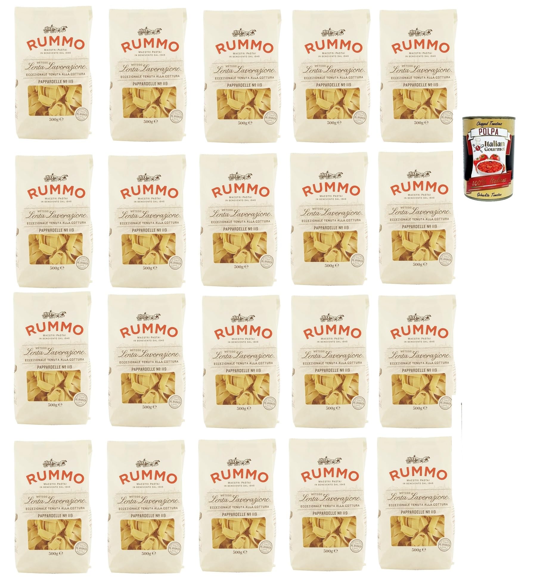 Italian Gourmet Pappardelle n.119 pasta di semola, Bandnudeln 20 x 500g | Lenta lavorazione e trafilatura ruvida, Hartweizengrieß, ideale con ragù e, Gesamtnettogewicht 10 kg + Kostenlos Polpa 400g