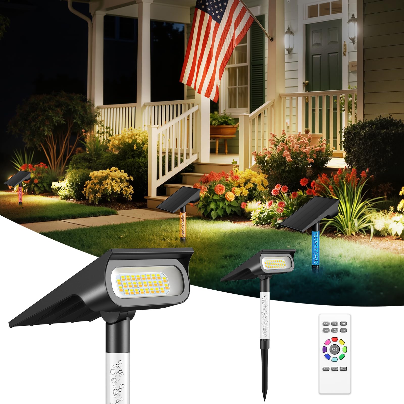 INTELAMP Faretti Energia Solare da Esterno 2 Pezzi, IP65 Impermeabile Lampioncini Solari da Giardino per Cortile, Vialetto, Alberi (Palo rgb)