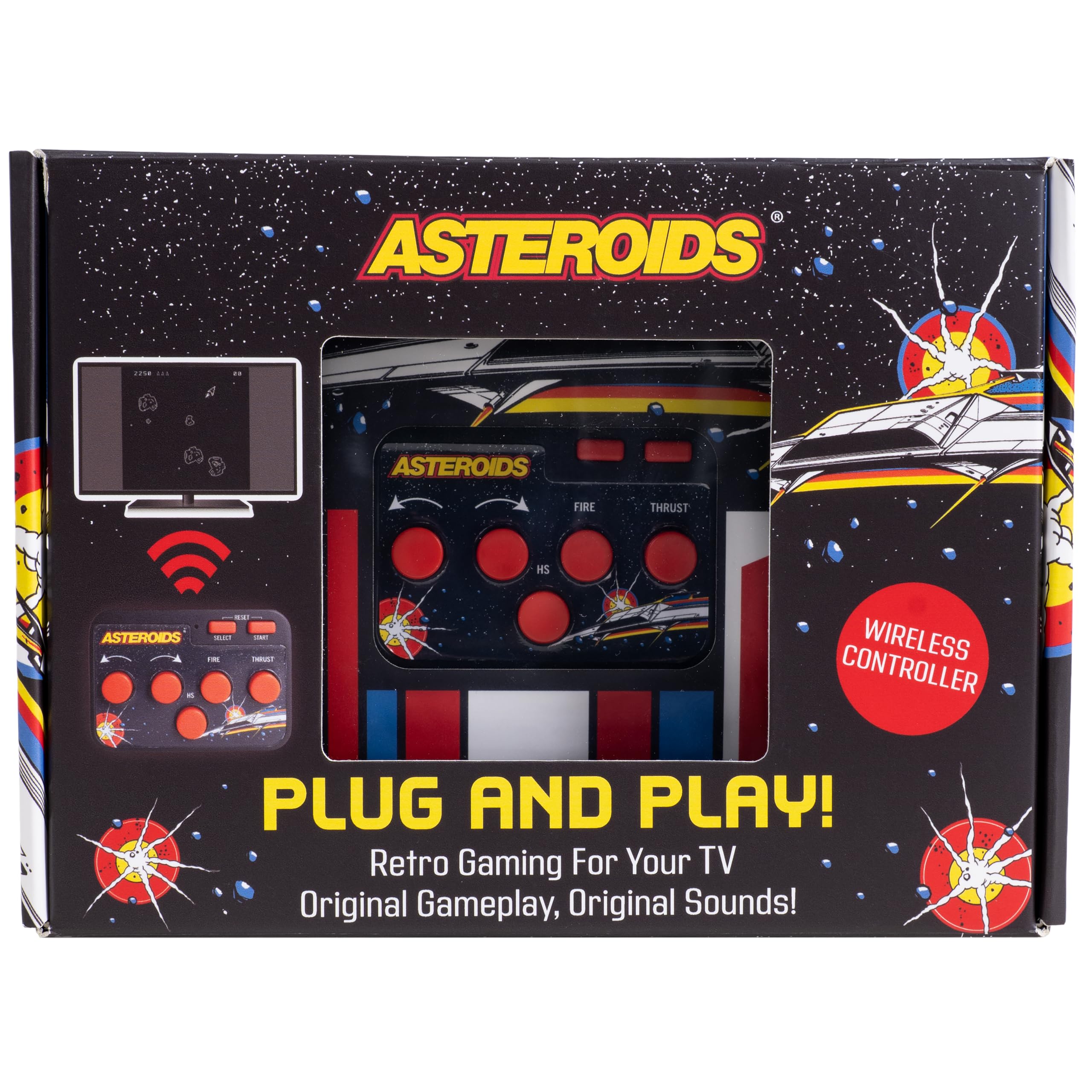 Fizz Creations Asteroids Plug & Play HDMI Arcade konsola do gier z bezprzewodowym kontrolerem. Klasyczna gra retro do telewizora, rodzinne gry retro, prezent nostalgiczny.