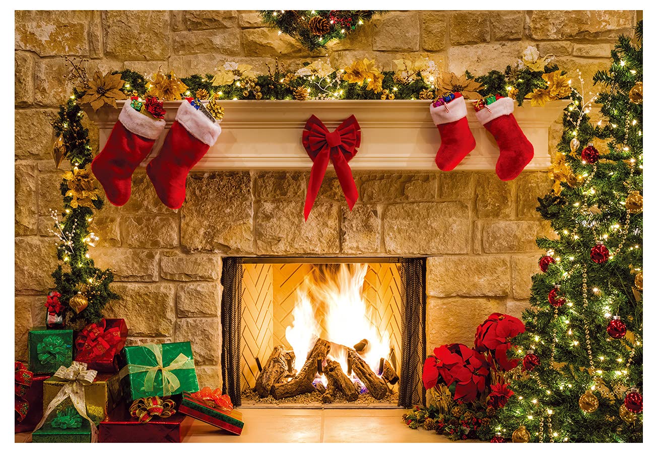 YYNXSY 7X5FT Christmas Fireplace Background Photography Background Christmas Tree Ball Ornaments backdrops Wooden Floor New Year Home Room Decoration