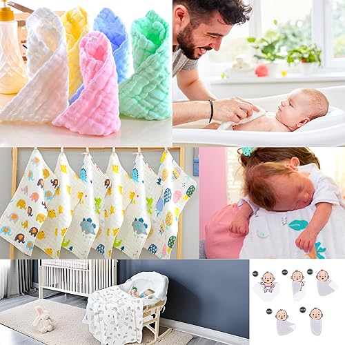 Miniatura 2 de Juego de 12 paños de muselina para bebé, manta para eructos, paquete de 12 artículos esenciales para recién nacidos, imprescindibles para la cara
