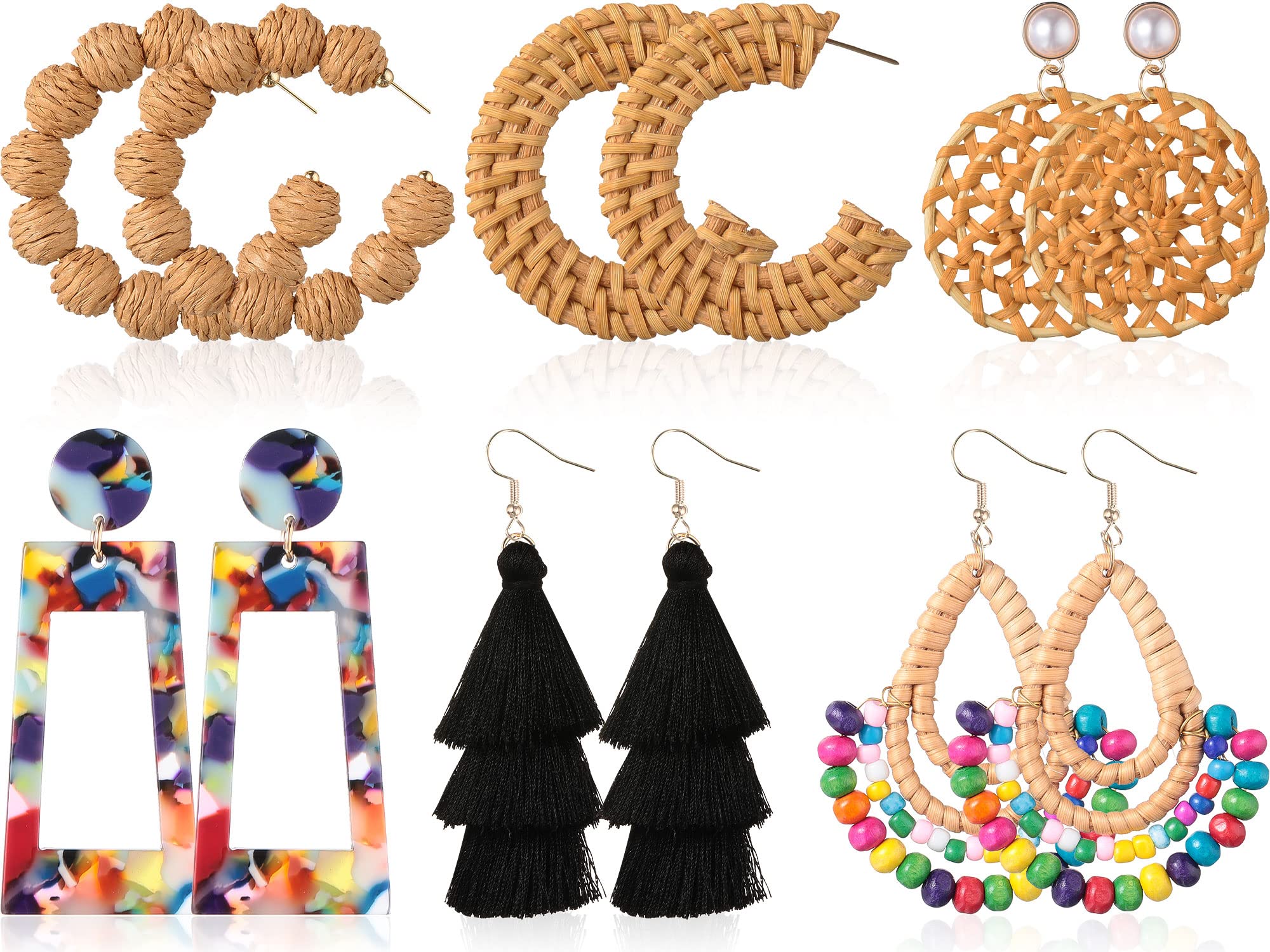 Hicarer 6 Pair Rattan Earrings Straw Tassel Bohemian Earrings for Women Summer Party