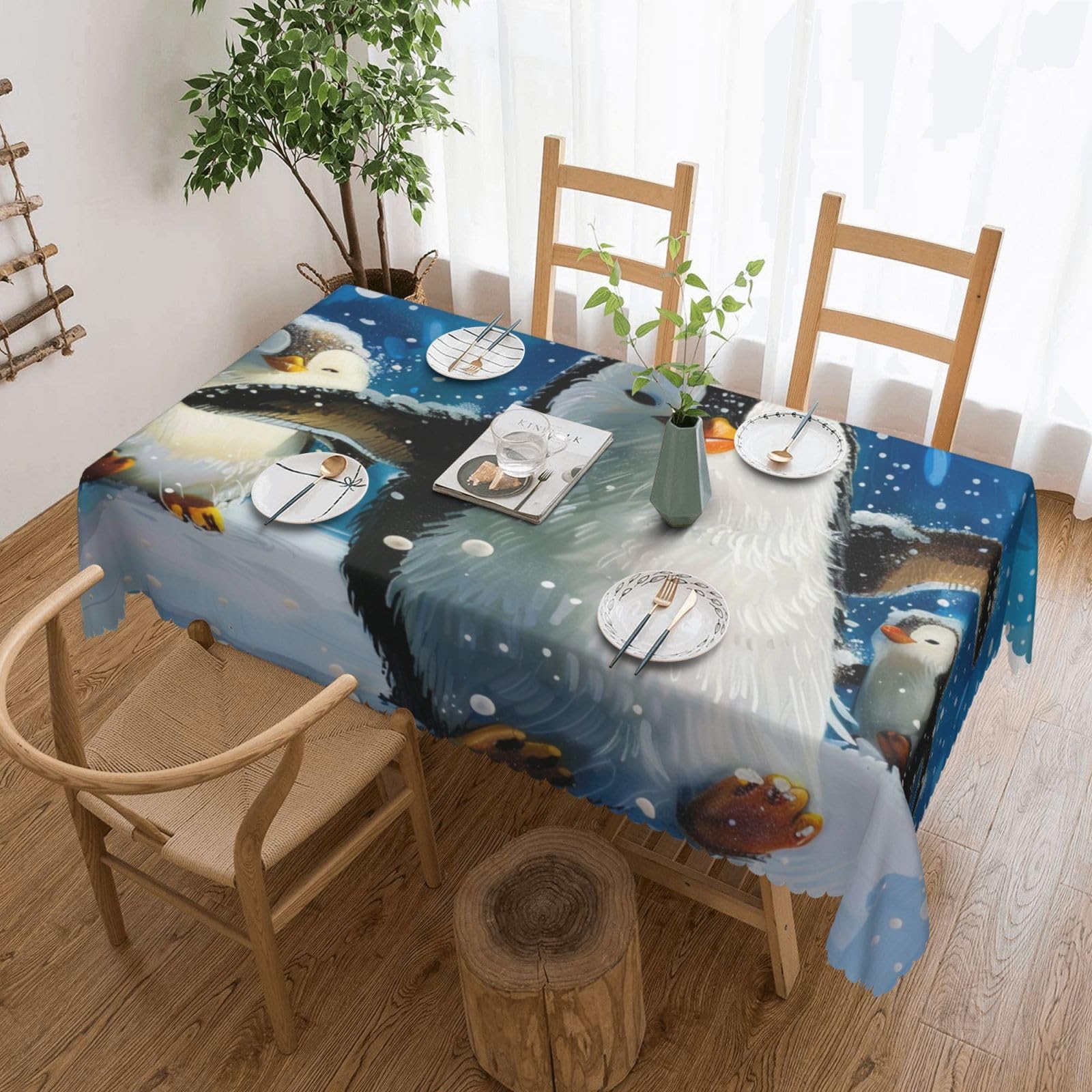 WPKJU Happy Penguin Printed Rectangle Tablecloth 72x54 Inch with Lace Trim, Water-Resistant Washable Table Cover for Farmhouse Weddings, Outdoor Picnics & Holiday Dining