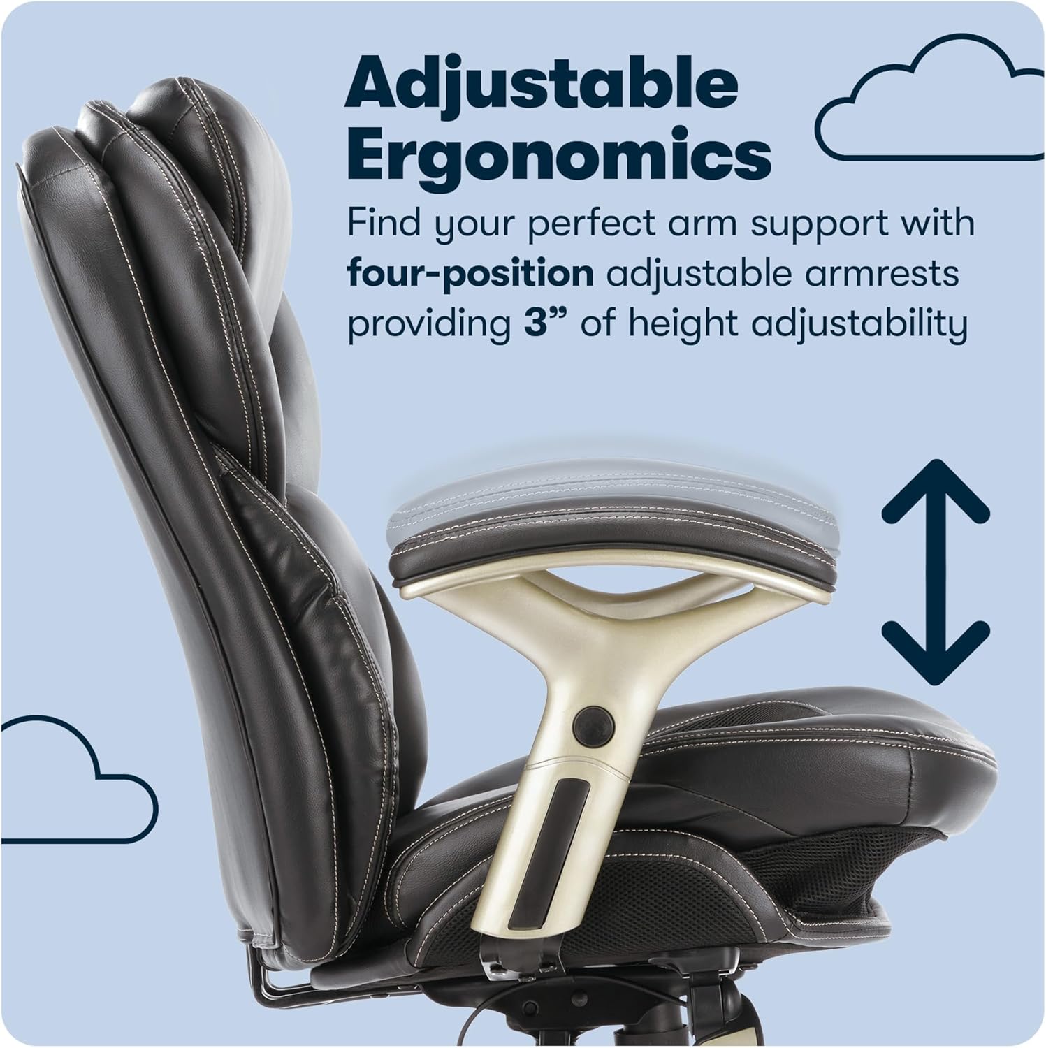 Diagram illustrating the pivoting lumbar and seat of the Serta chair, highlighting the Back in Motion technology for improved posture.