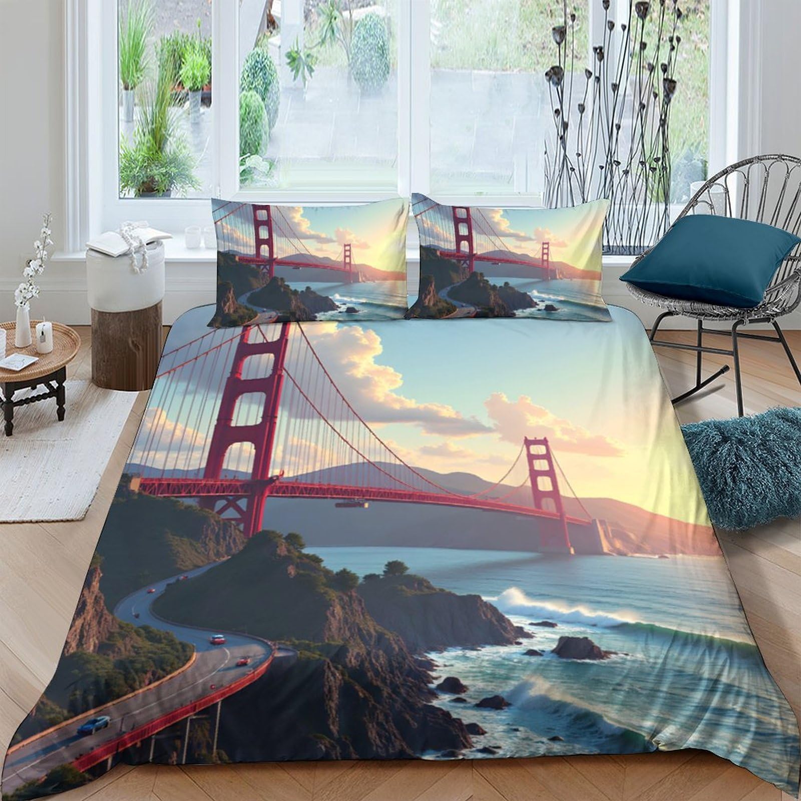 Ctjqhvkz Style-7 3D Printed Golden Gate Bridge Fitted Sheet Microfiber Scenic Sunset Mattress Cover For Home Bedroom Dorm Decor Single（135X200cm）