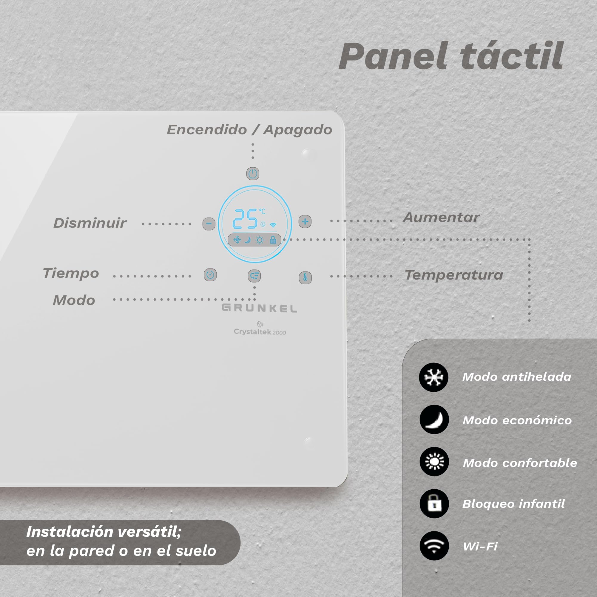 GRUNKEL - Thermo-Sender GP-2000CT 2000 W | Digitales Panel mit WLAN | 3 Leistungsstufen | 24-Stunden-Programmierung | regelbares Thermostat | mobile App | Glasscheibe | Kindersicherung