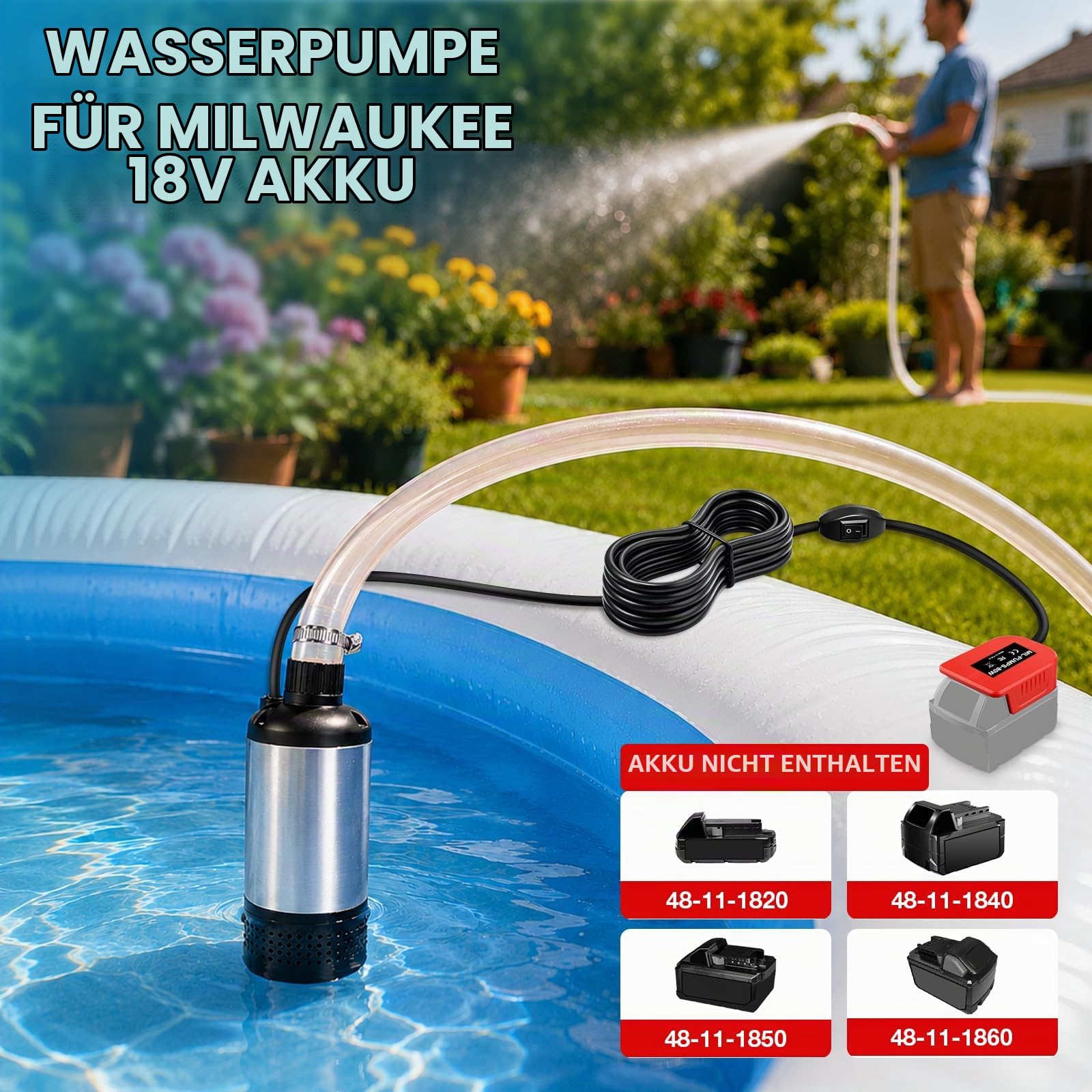 Wasserpumpe für Milwaukee 18V Akku, 3800L/H Bürstenlose Tauchpumpe Sumpfpumpe Schmutzwasserpumpe Absaugpumpe Flachwasserpumpe für Pool, Gartenbewässerung, Autowäsche, Schwimmbadentleerung(Keine Akku)