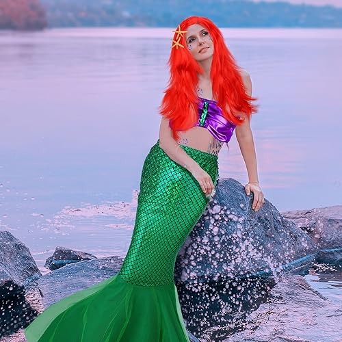 Miniatura 5 de Foaincore 6 piezas de disfraz de sirena para mujer, ombliguera de sirena, peluca rizada con cola de mar, clip para el cabello para Halloween, cosplay