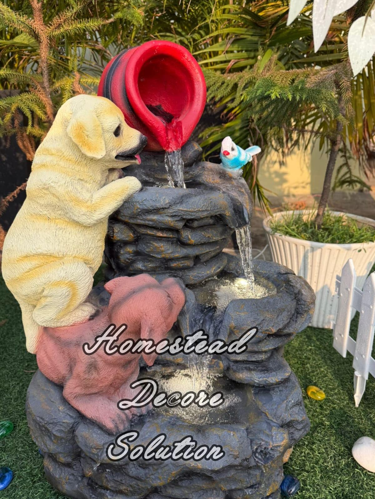 Homestead Decore Solution Dog Water Fountain with Led Light Small Size 2.5 Feet, Decorative Home Living Room Office Garden Tabletop, Rock Design, Red Pot Feature, Indoor Outdoor Decor, Multicolour-image-18