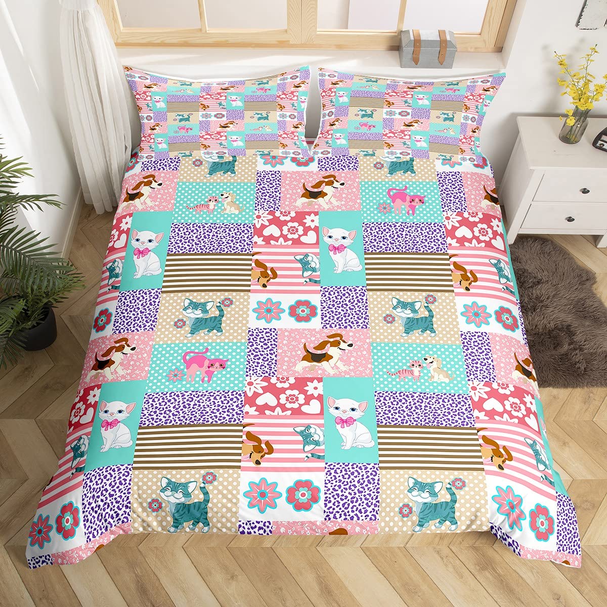 Cat Dog Bedding Set Single Size Vintage Country Style Duvet Cover for Boys Girls 3 Pieces Kids Teens Leopard Stripe Plaid Microfiber Comforter Cover with 2 Pillowcase(Double) โ image 1