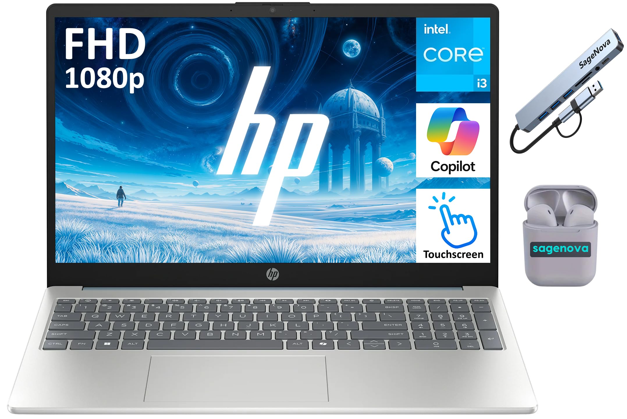 HP 15.6" FHD Touchscreen Laptop Computer, 16GB RAM 512GB Storage (256GB SSD+256GB Docking Station Set), 8-Core Intel Core i3 Processor, Windows 11 with Copilot AI, SageNova Earphones, Moonlight Blue