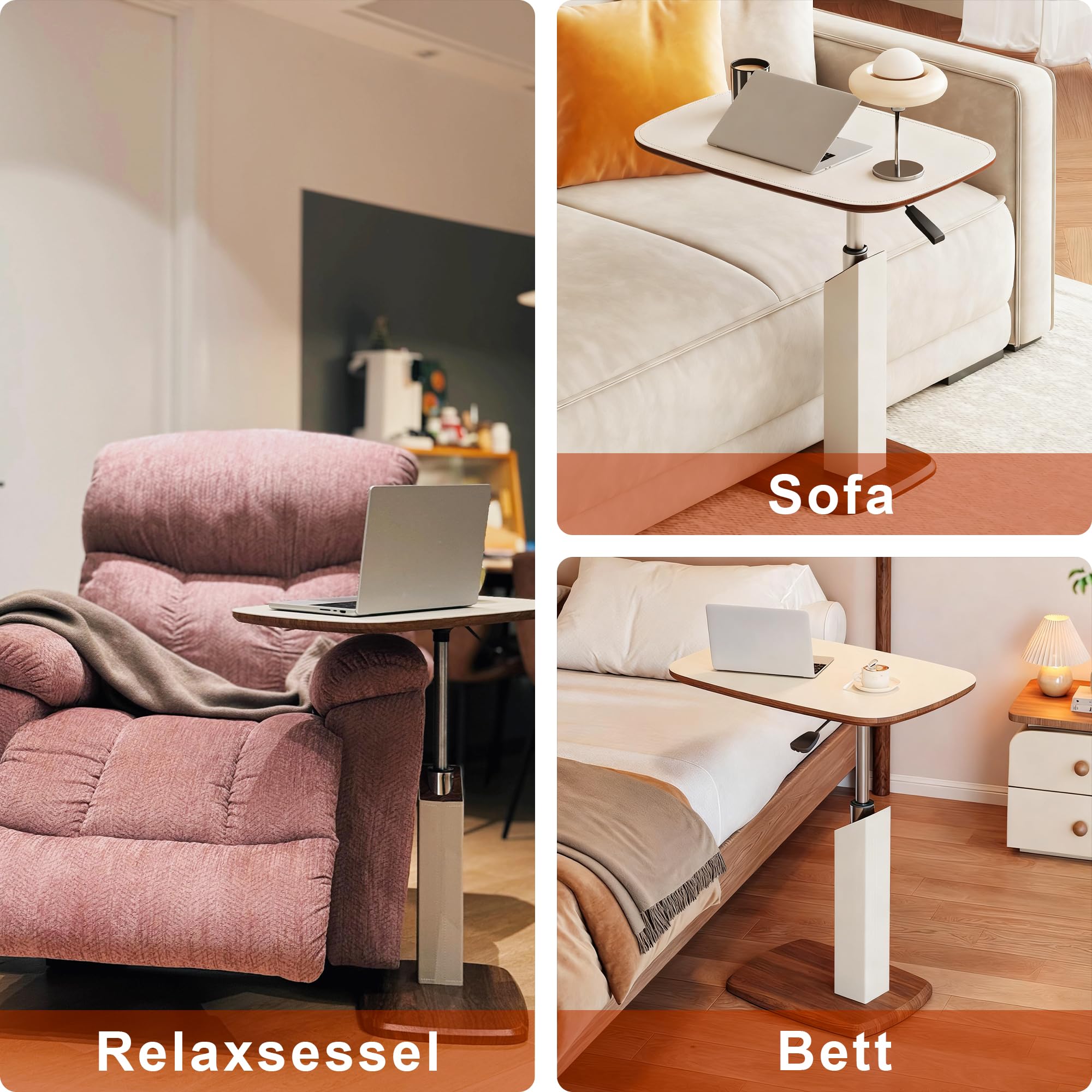 Höhenverstellbarer Beistelltisch mit Versteckten Rollen & Pneumatik, Kleiner C-Form Betttisch Sofatisch mit 360° Drehbar, Holz Side Table für Wohnzimmer, Laptoptisch für Couch Sofa Bett