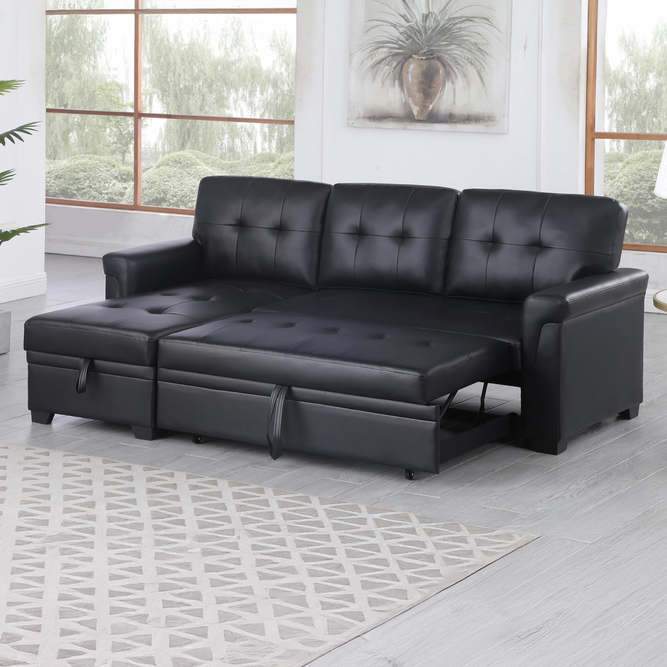 Lilola Home Lucca 84" Reversible Sleeper Sectional Sofa with Pull-Out Bed & Storage Chaise, Black Vegan Leather, Tufted Back, Modern Compact Couch for