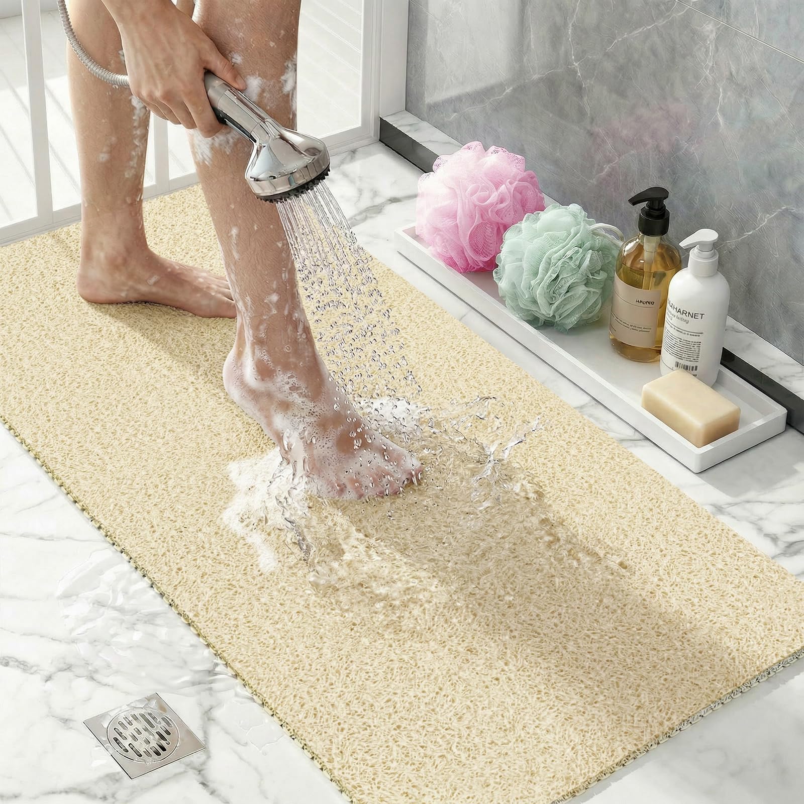 Large Loofah Shower Mat 50x80CM, Soft Quick Drying Shower Mats with Drain, Non Slip Bath Mats for Inside Shower, Antibacterial PVC Shower Mat Anti Mould for Elderly, for Wet Room & Bathroom,Beige