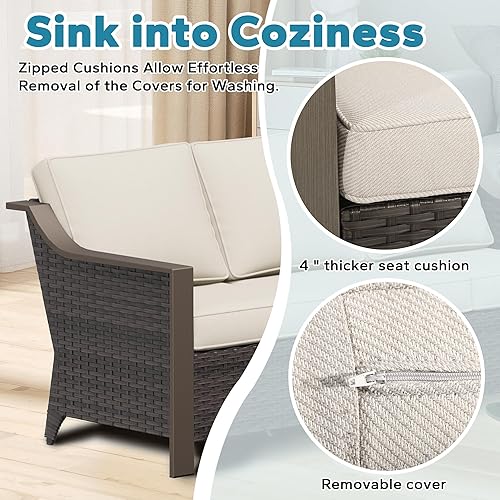 Miniatura 3 de Juego de 2 sillas giratorias de metal para patio, juego de muebles de conversación de mimbre, tapizados y mecedoras deslizantes de 360 grados, ratán