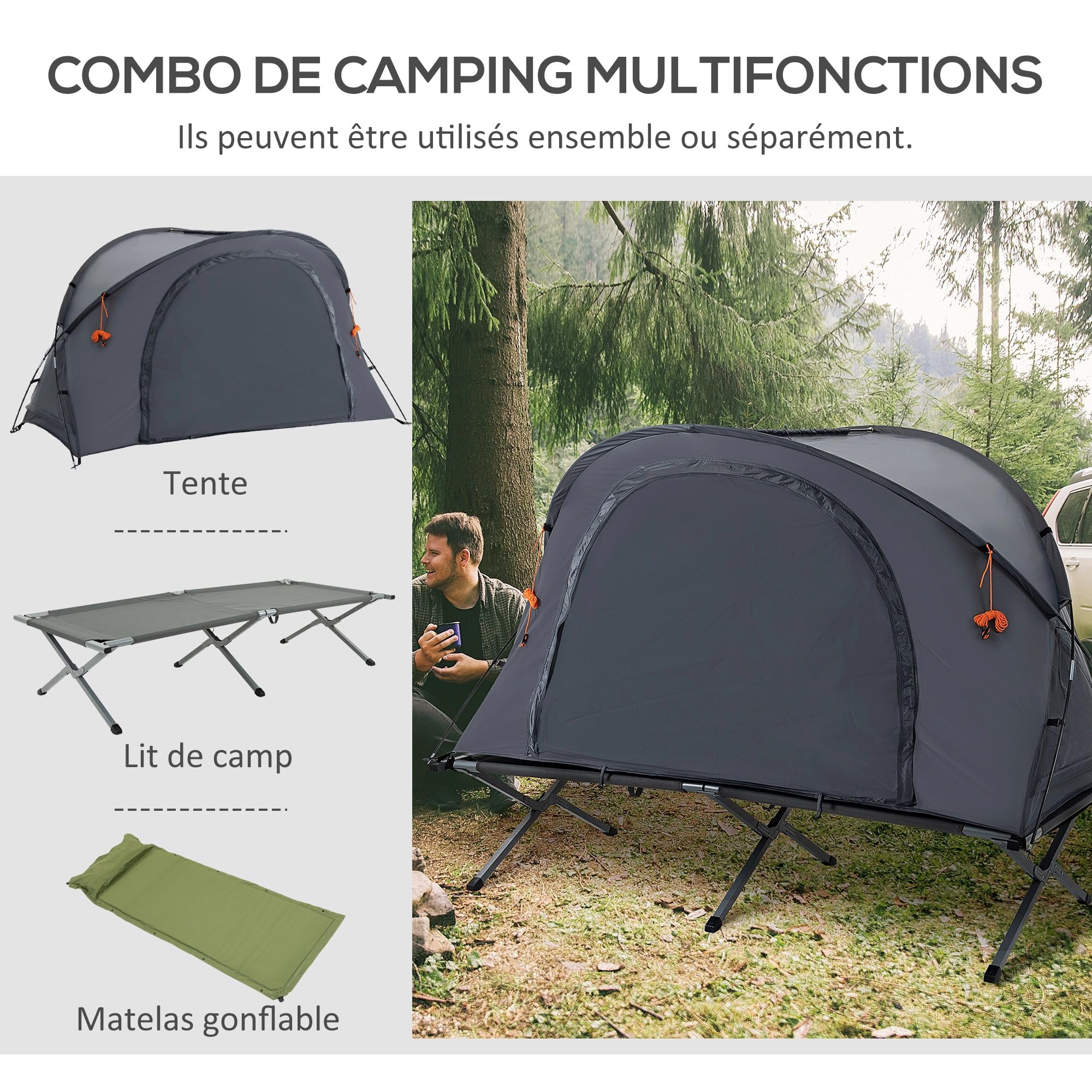 Outsunny Ensemble Tente de Camping 3 en 1 avec lit de Camp 1 Personne, Tente et 1 Matelas Gonflable - Sac de Transport Inclus - dim. 200L x 86l x 147H cm