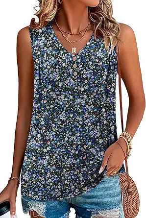 KISSMODA Tank Tops for Women Summer Casual Sleeveless Shirts Dressy Trendy V Neck Tunics Loose Notched Blouses S-3XL