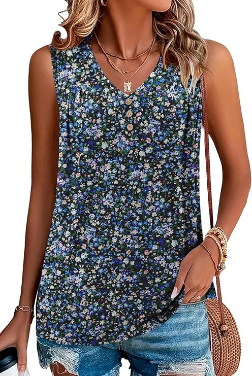 KISSMODA Tank Tops for Women Summer Casual Sleeveless Shirts Dressy Trendy V Neck Tunics Loose Notched Blouses S-3XL