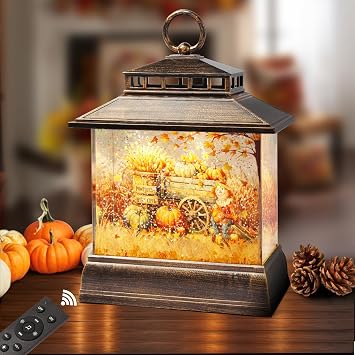 Fall Snow Globe Lantern Thanksgiving Pumpkins Spinning Water Lantern with Swirling Glitter 6H Timer Remote Control Fall Decorations for Home Thanksgiving Autumn Harvest Pumpkin Wagon