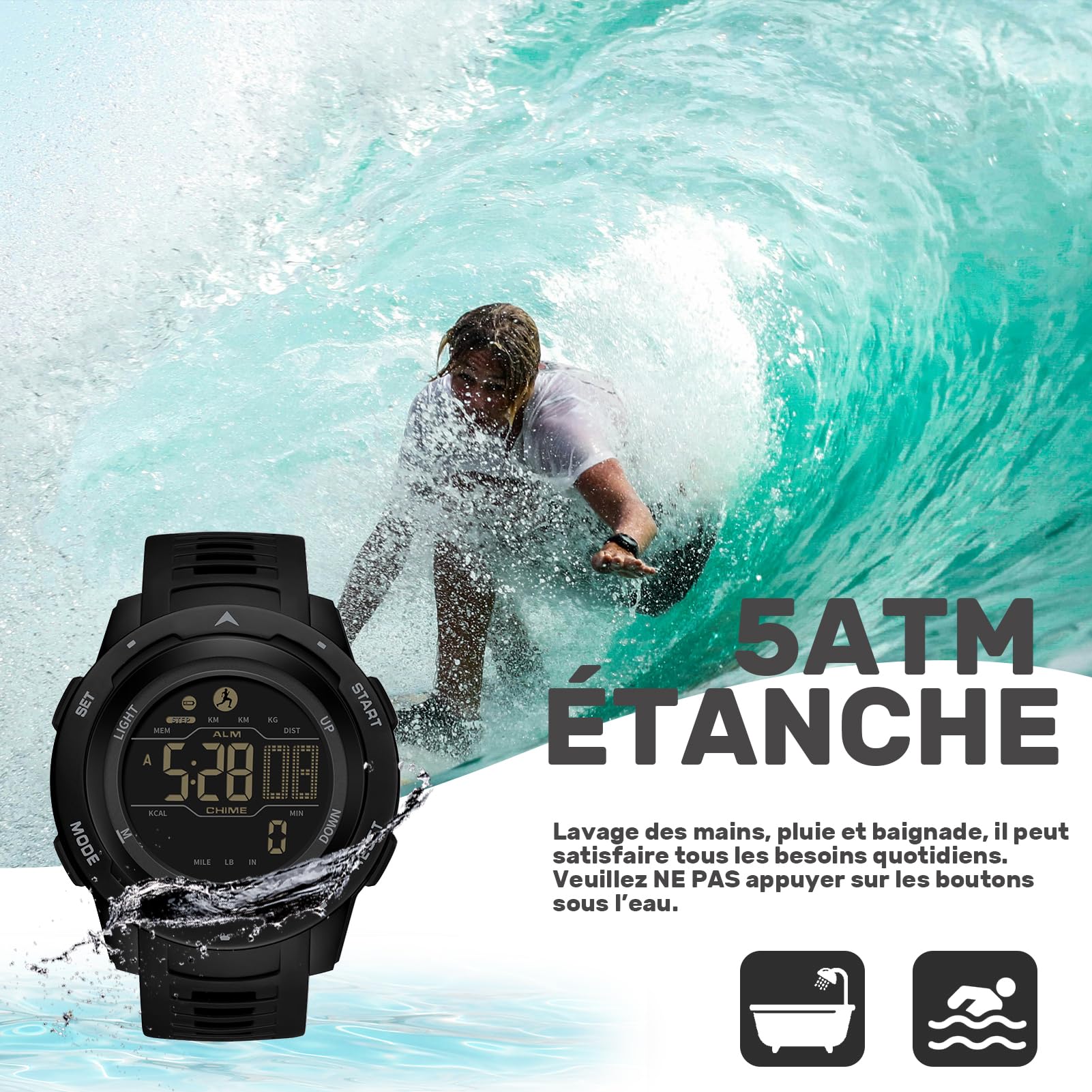 findtime Sportuhr, digital, militärisch, wasserdicht, 50 m, mit Stoppuhr, Alarm, Countdown, doppelte Zeit, Schwarz , Riemen