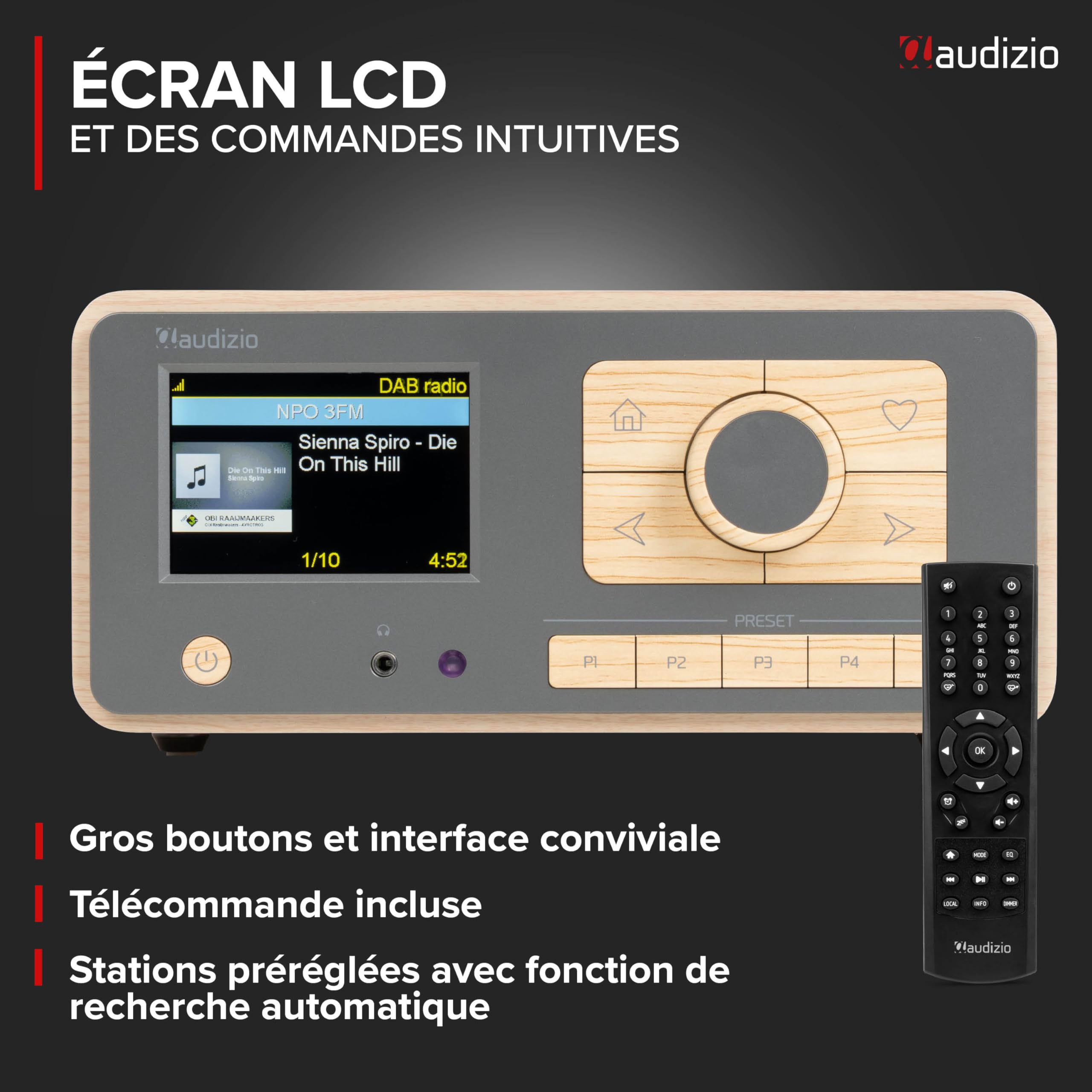 Audizio Dozza Radio Internet WiFi Dab+ FM BT 5.3 40W, Radio Numérique avec Télécommande, Écran Intuitif, Sortie Jack, Design Bambou Élégant Maison