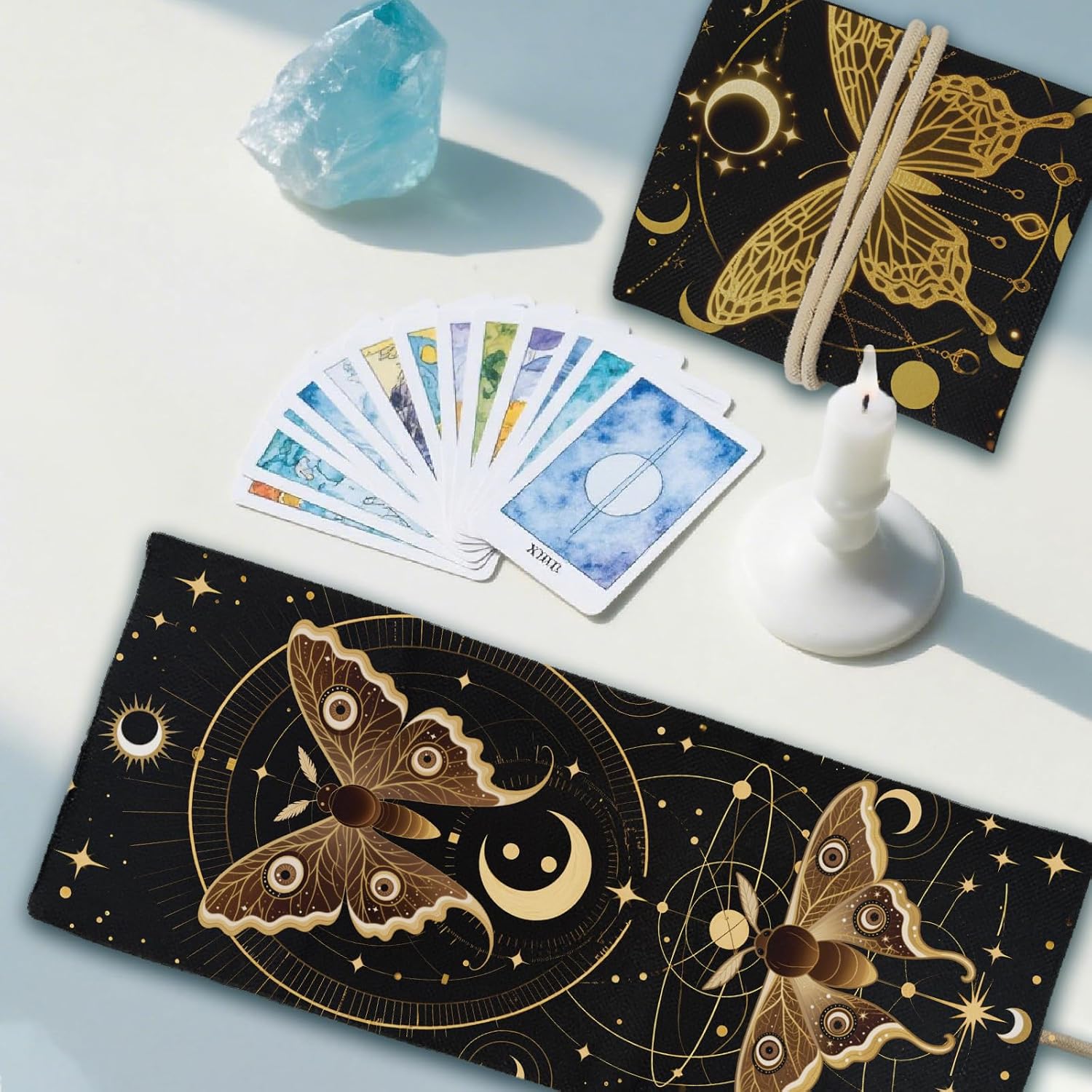 GLOBLELAND 2Pcs Moths Butterflies Tarot Card Holder with Layout Pattern Moon Phases Polyester Tarot Magic Divination Large Storage Pouch Accessories for Playing Cards and Tarots