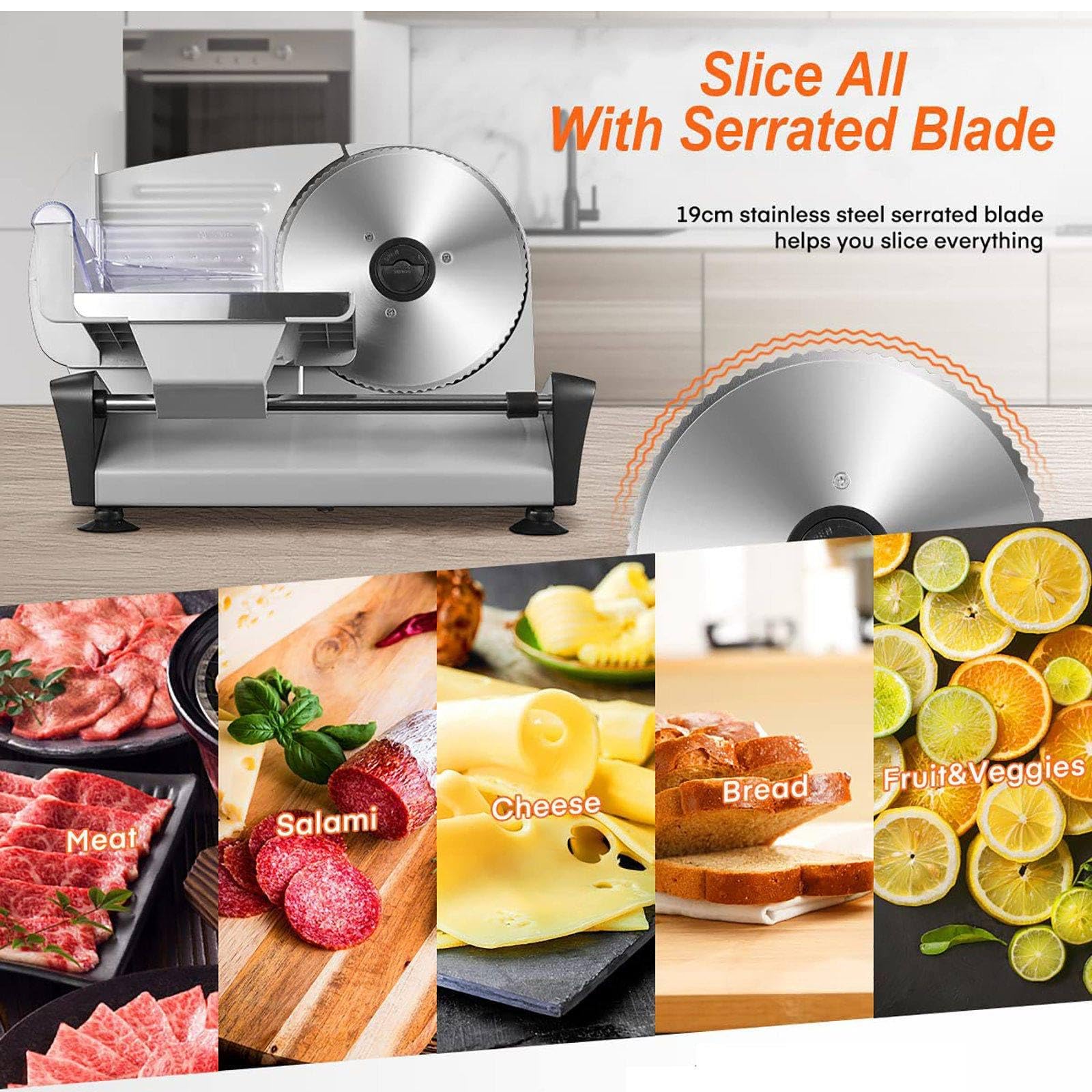Affettatrice per Carne da 200W, Affettatrice Elettrica per Uso Domestico, Spessore Regolabile da 1 A 15 mm, con Lama in Acciaio Inox da 190 mm, per Carne, Formaggio, Pane, Verdure Silver