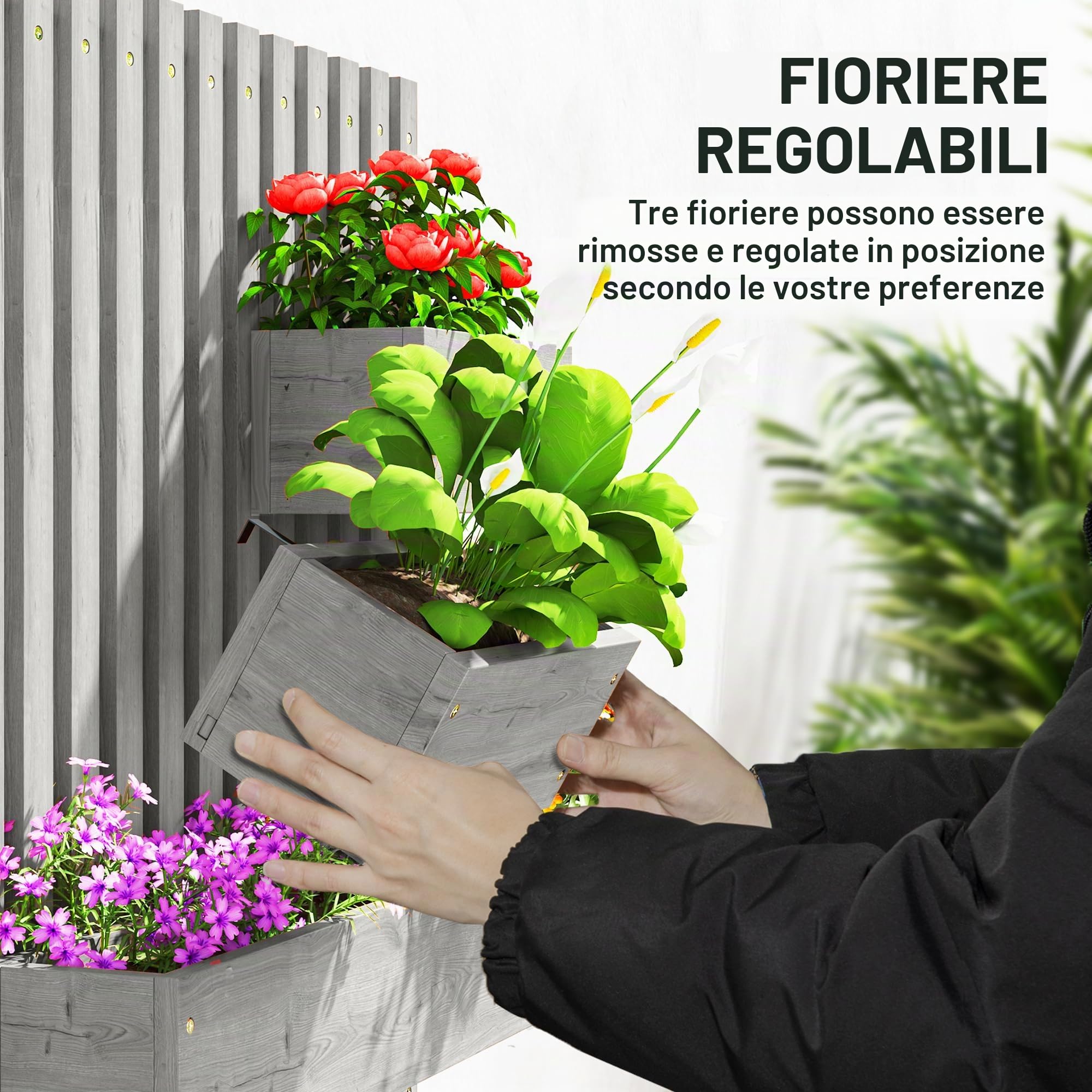 Outsunny Fioriere da giardino in legno da parete con traliccio, Grigio | Fori di drenaggio, 3 fioriere mobili, letto rialzato da parete per patio esterno