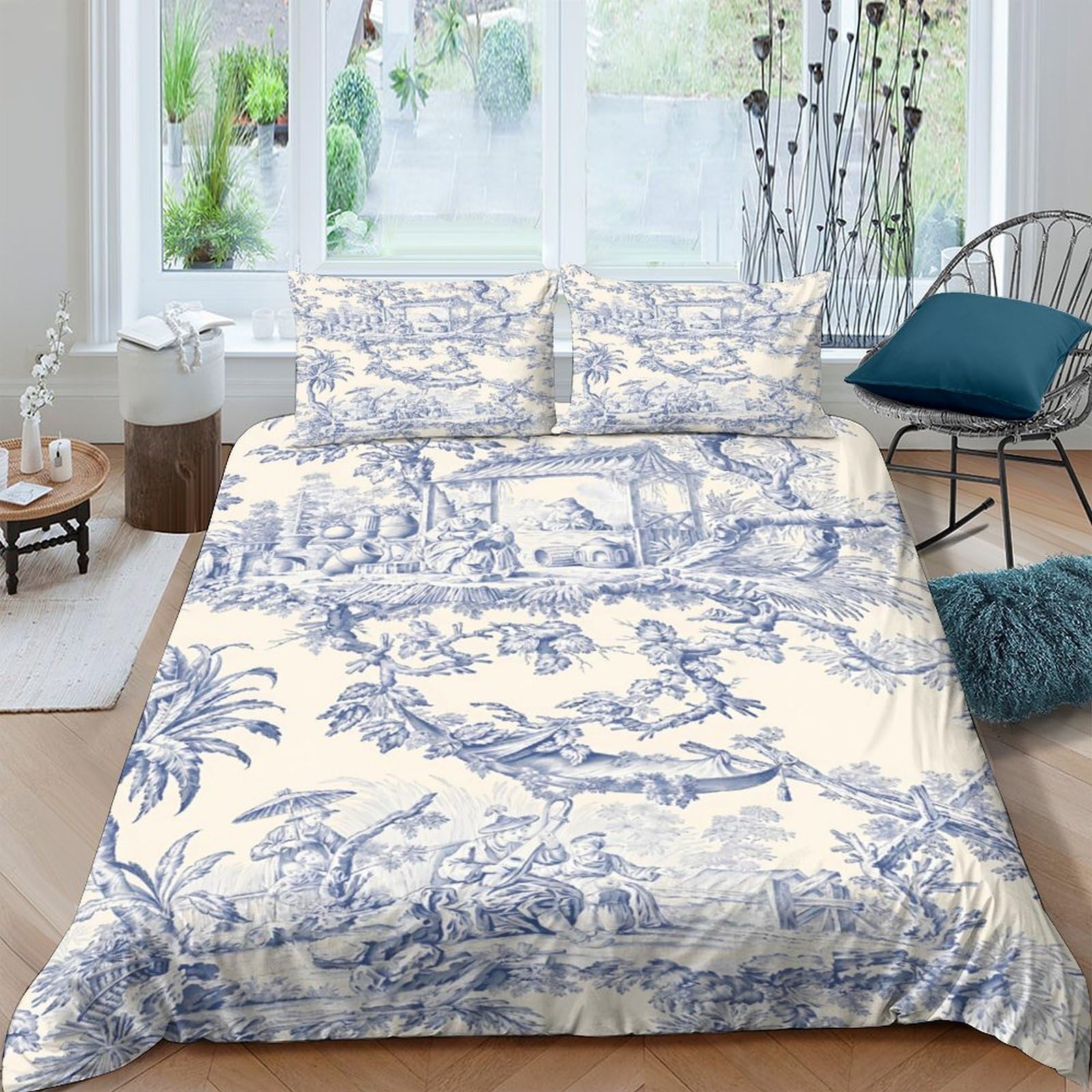 Ctjqhvkz Style-8 3D Printed Blue Toile De Jouy Fitted Sheet Microfiber Soft Breathable Vintage Landscape Bed Cover For Bedroom Home Mattress Protection Single（135X200cm）