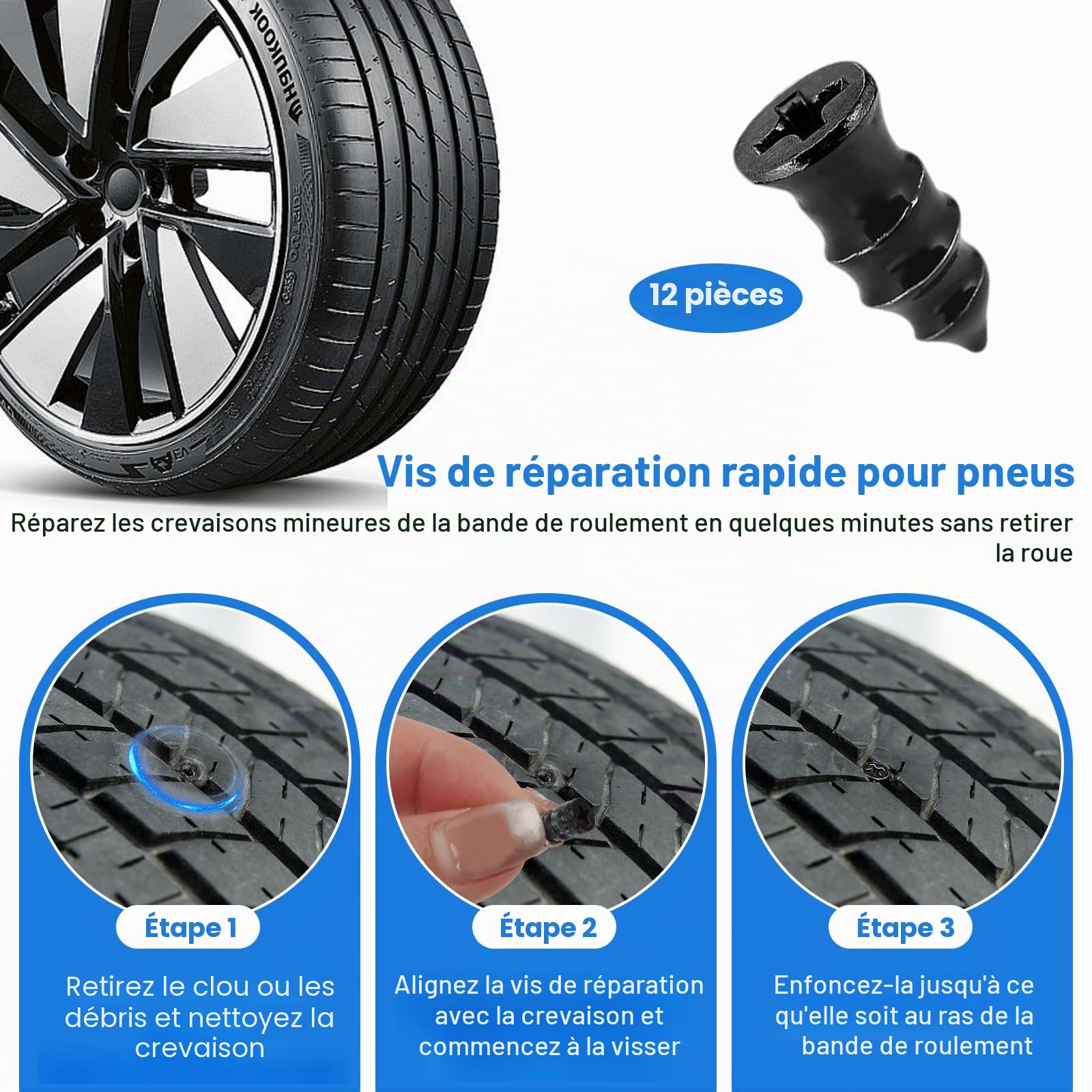 Kit de Réparation de Pneu 160 Pièces Outils de Réparation de Pneus de Voiture avec Boîte à Outils Portable Kit Meche Pneu Crevaison Voiture pour Voitures Motos Camion Tracteur
