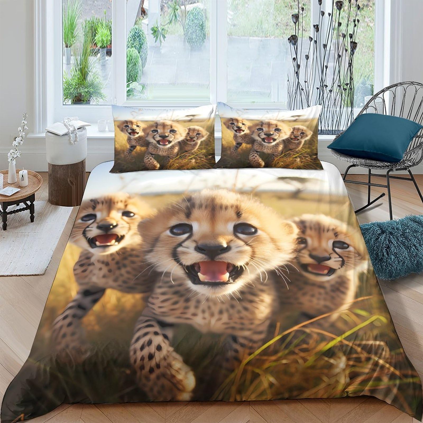 Ctjqhvkz Style-2 3D Printed Cheetah Cubs Fitted Sheet Microfiber Soft Anti-Slip Animal Pattern Bed Cover For Bedroom Guest Room Single（135X200cm）