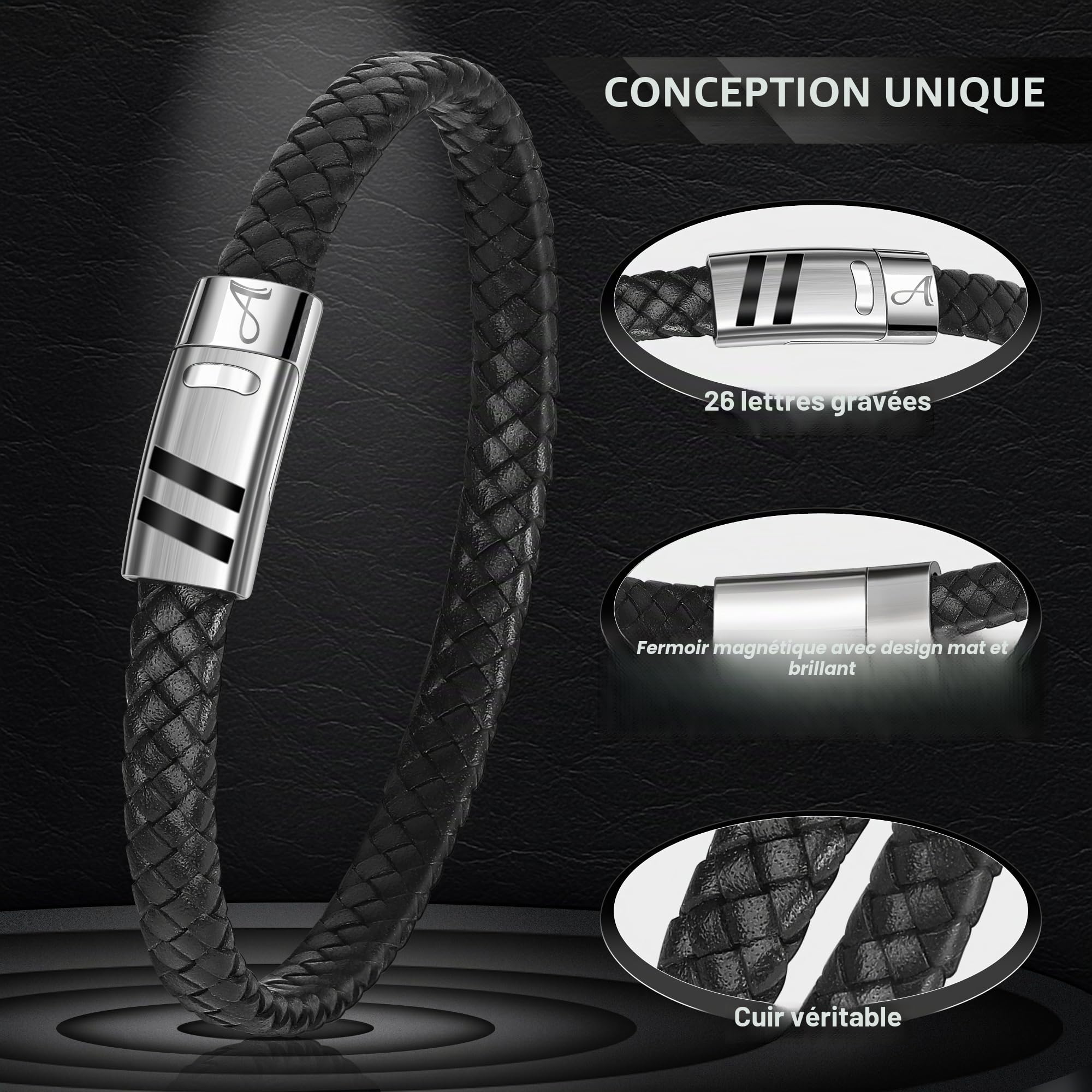 Bracelet Cuir Homme Gravé avec Initiales A-Z, Classique Tressé à la main Personnalisé Alphabet Bracelet avec Fermeture Magnétique Fête des Pères Cadeaux d'anniversaire pour Hommes