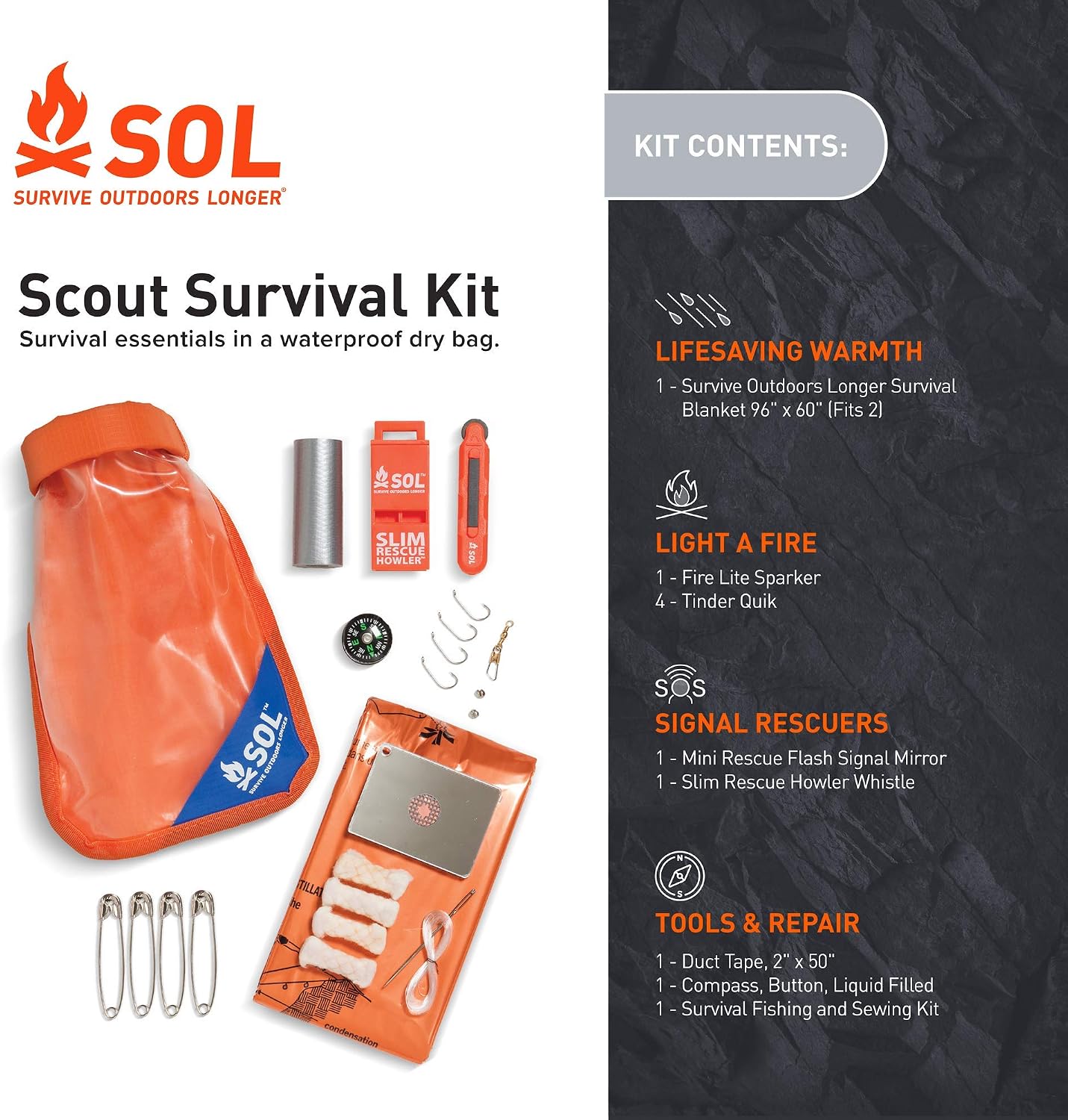 S.O.L. Survive Outdoors Longer S.O.L. Waterproof Bag Scout Survival Kit