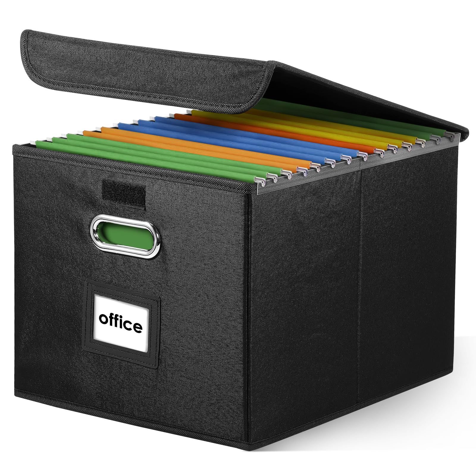 Upgraded Portable File Organizer Box with Lids, Foldable Linen Hanging Filing Storage Boxes with Tag Holder and Plastic Slide, Decorative Home/Office Filling System for File and Folders Storage(black)