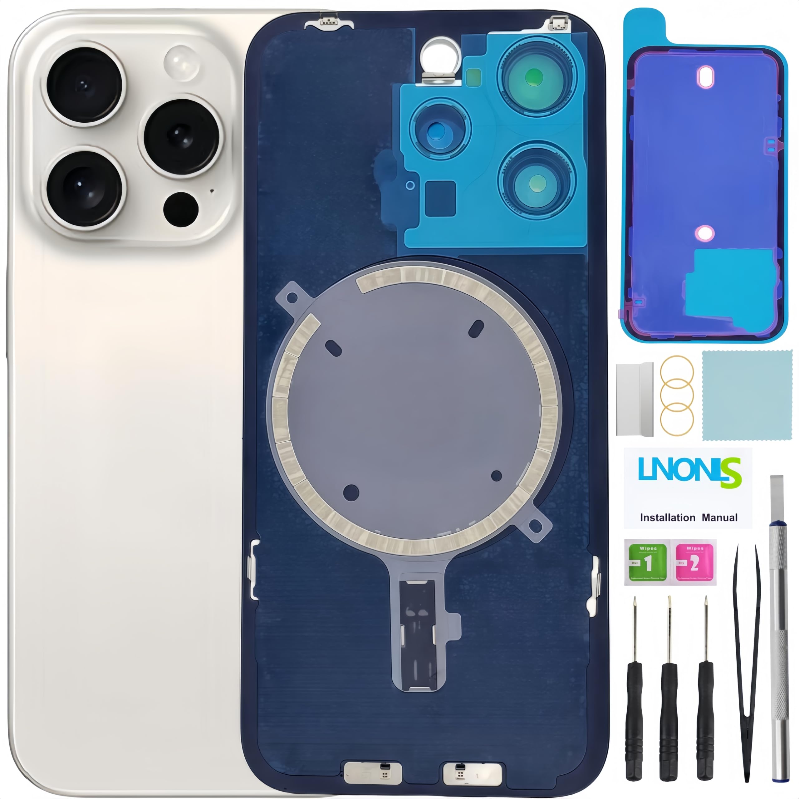 15 Pro Back Glass Replacement for iPhone 15 Pro Rear Back Cover Glass Waterproof and Camera Lens+Professional Repair Tool Kit (White Titanium)