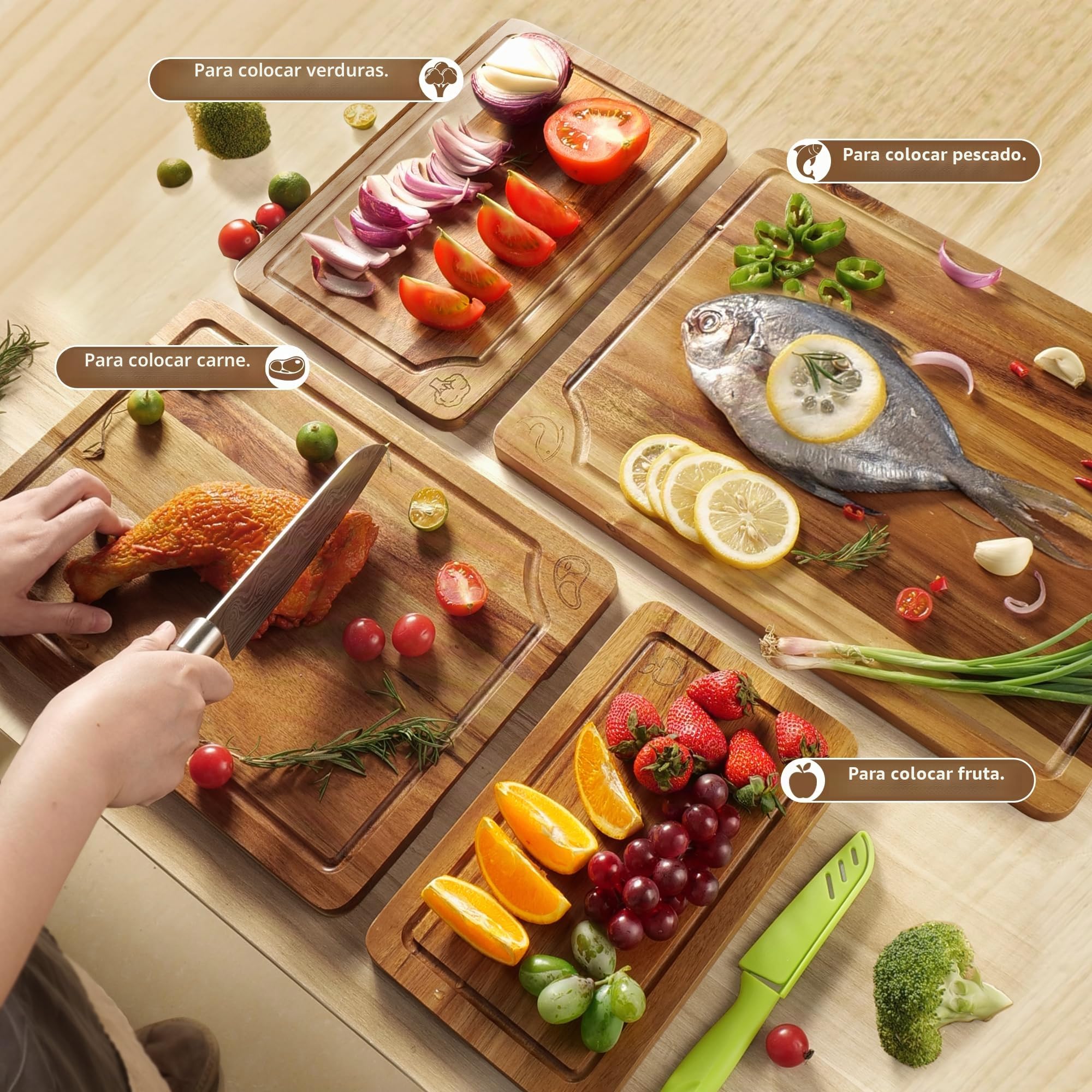 WILLKOMMEN Juego de 4 Tablas de Cortar Acacia para Cocina - Madera Maciza con Canal Antiderrames - Ideal para Charcutería, Corte Sin Esfuerzo Carne/Vegetales/Pan