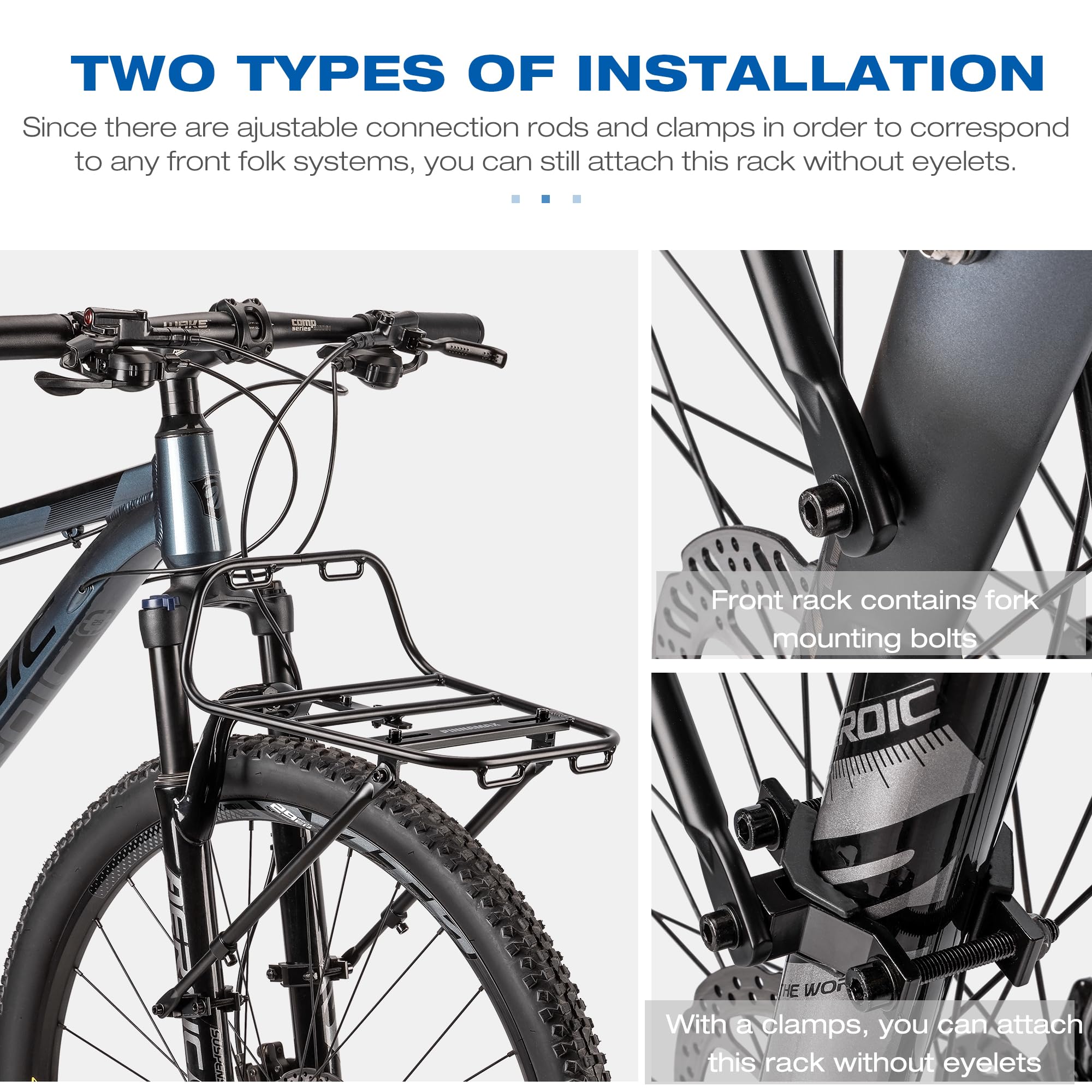 Portapacchi anteriore per bicicletta – Portapacchi anteriore per bicicletta con montanti – Rack per pizza in alluminio per montaggio frontale per mountain bike, gravelbike e bici da tour - 5