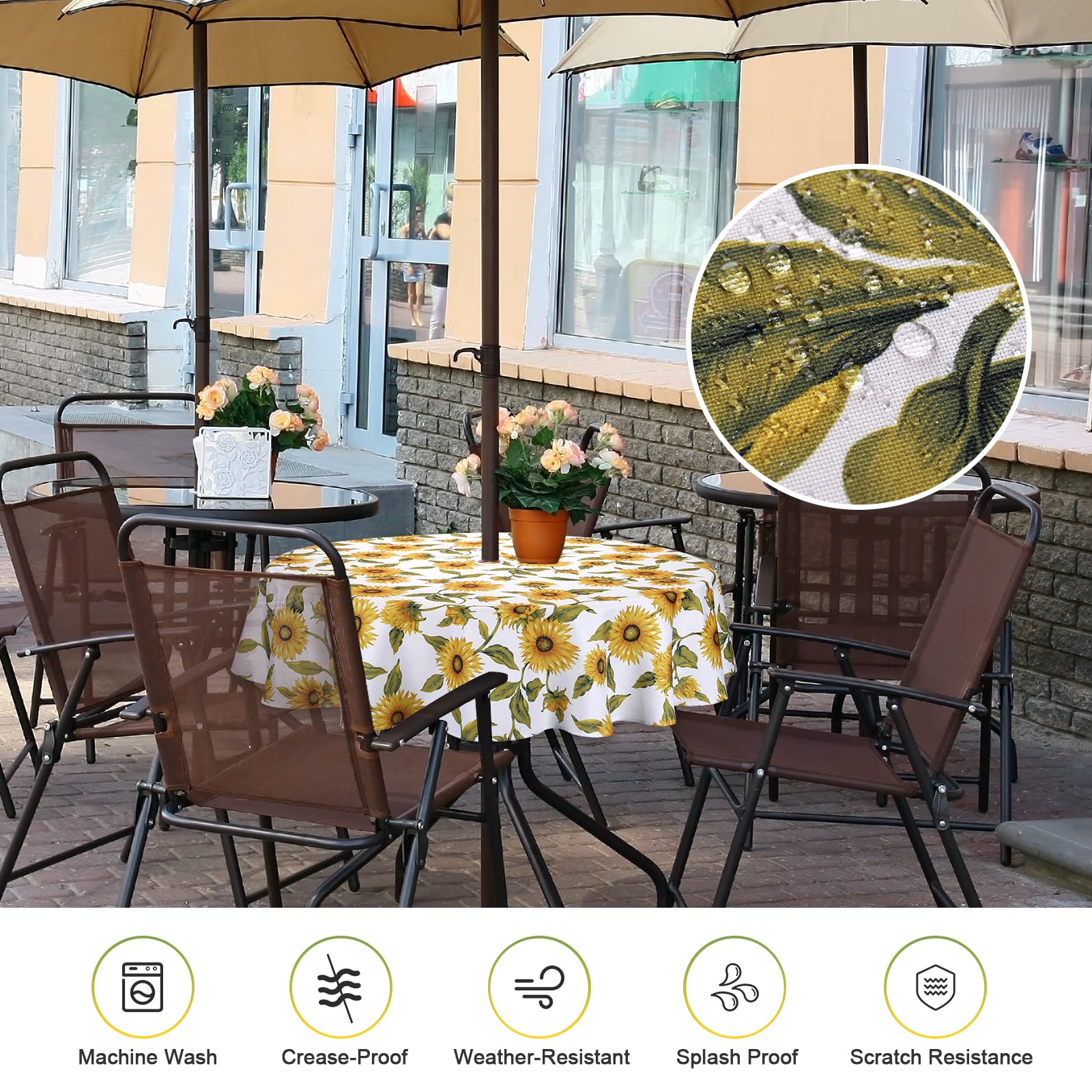 Qucover Mantel redondo de 180 cm con agujero para sombrilla y cremallera, 100 % poliéster, resistente a las manchas, fácil de limpiar, para barbacoas, reuniones familiares, fiestas