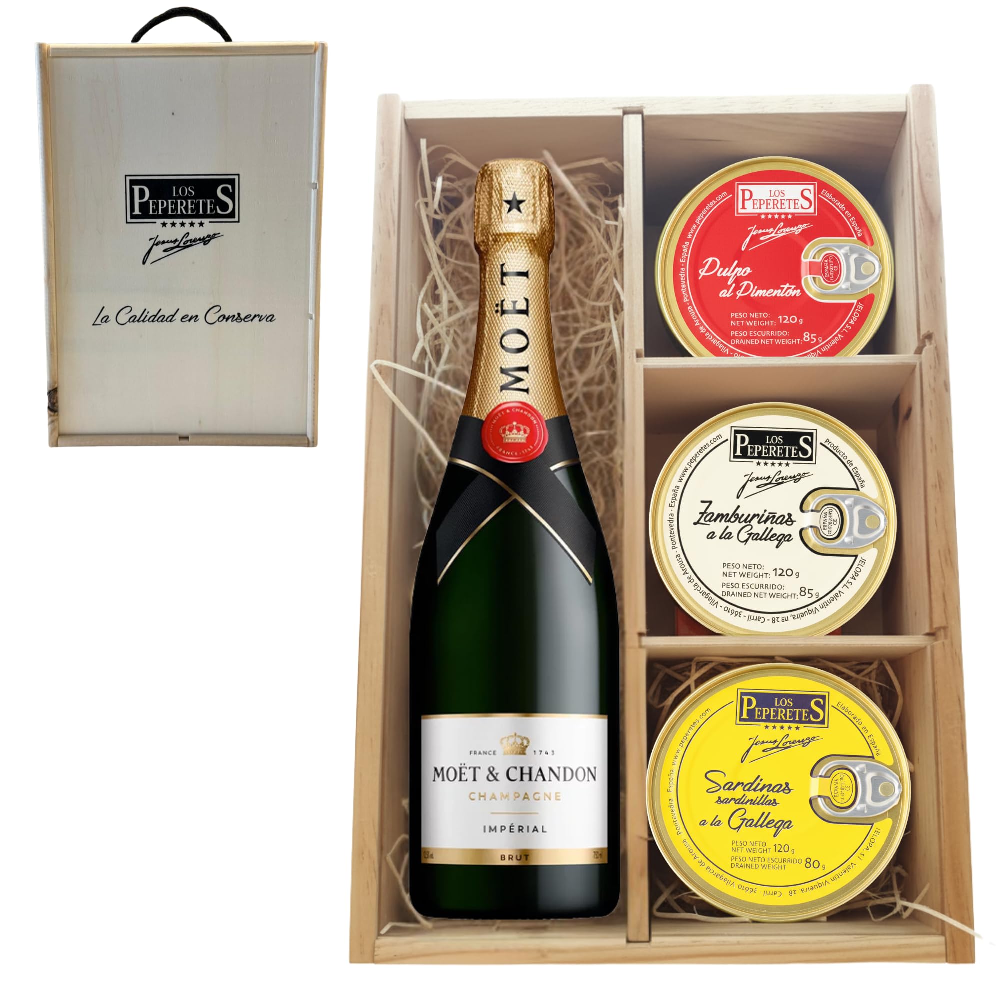 LOS PEPERETES Pack Gourmet + Champagne Francés Brut | Pulpo al Pimentón ×2 · Zamburiñas ×2 · Sardinillas a la Gallega ×2 | Conservas Premium de Marisco Gallego | Regalo Delicatessen
