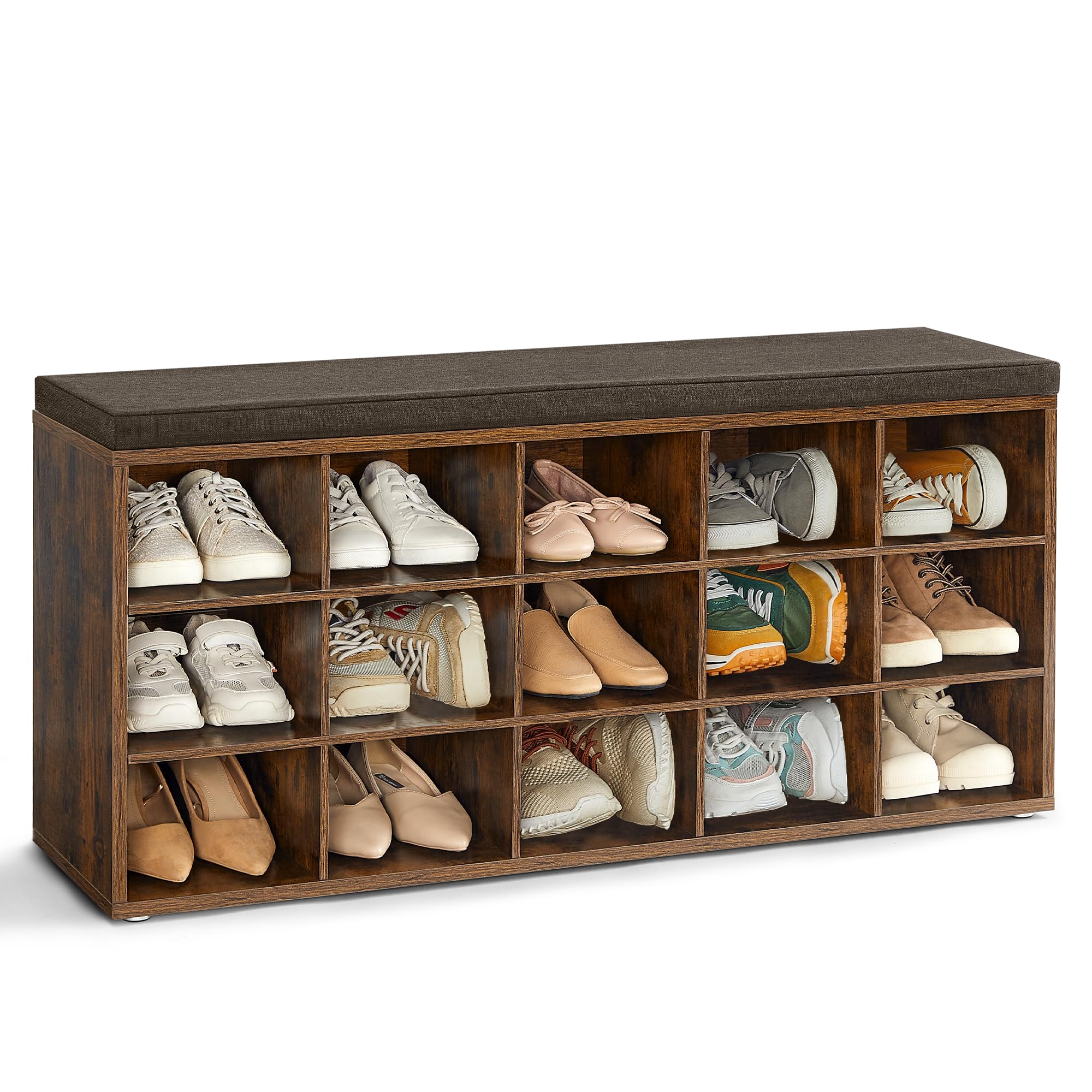VASAGLE Banco Zapatero, Mueble Zapatero, Banco Recibidor con 15 Compartimentos y Asiento Acolchado, 30 x 105 x 48 cm, Entrada, Dormitorio, Sala de Estar, Marrón Rústico y Marrón LHS15BX