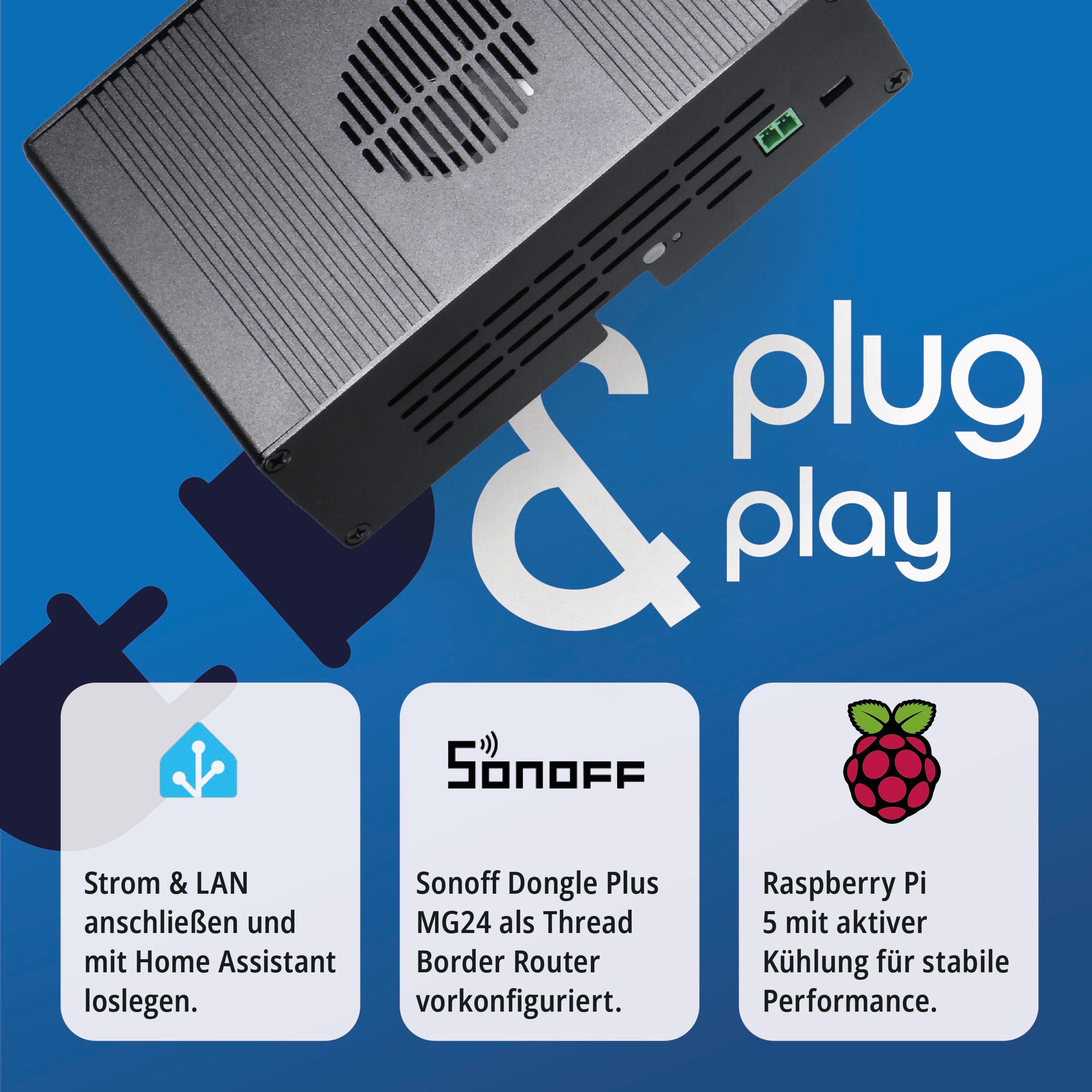 Plug & Play Set Black, Raspberry Pi 5, Home Assistant vorinstalliert, inkl. Antenne (Thread Border Router), WiFi, Bluetooth, SSD, Matter, Zigbee optional, sofort (16 GB RAM / 256 GB SSD)